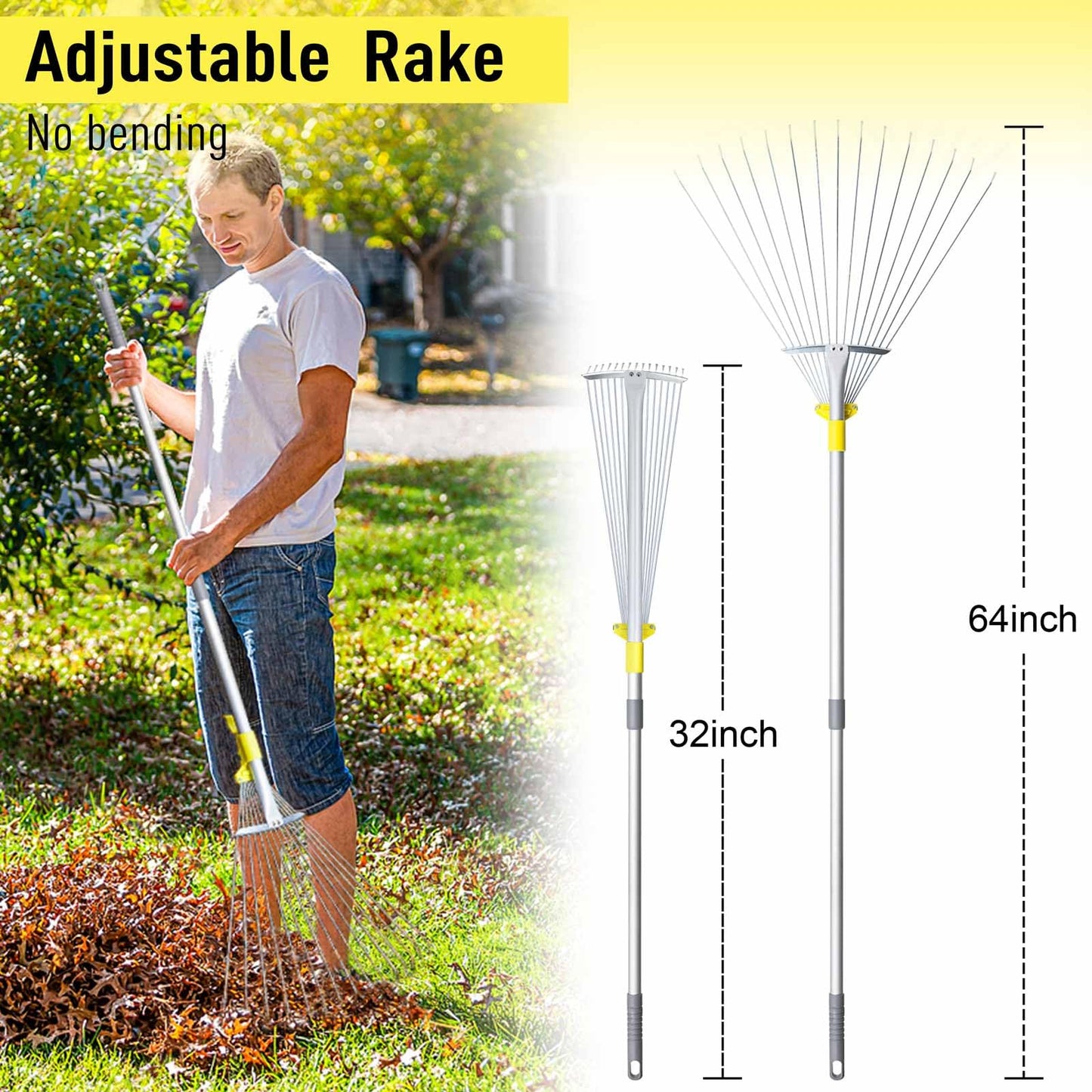Jardineer 160cm Garden Leaf Rake, Telescopic Leaf Rake for Gardening, Garden Rake for Leaves Among Plants, Lawns and Yards. Adjustable Lawn Rake Head from 22cm to 59cm