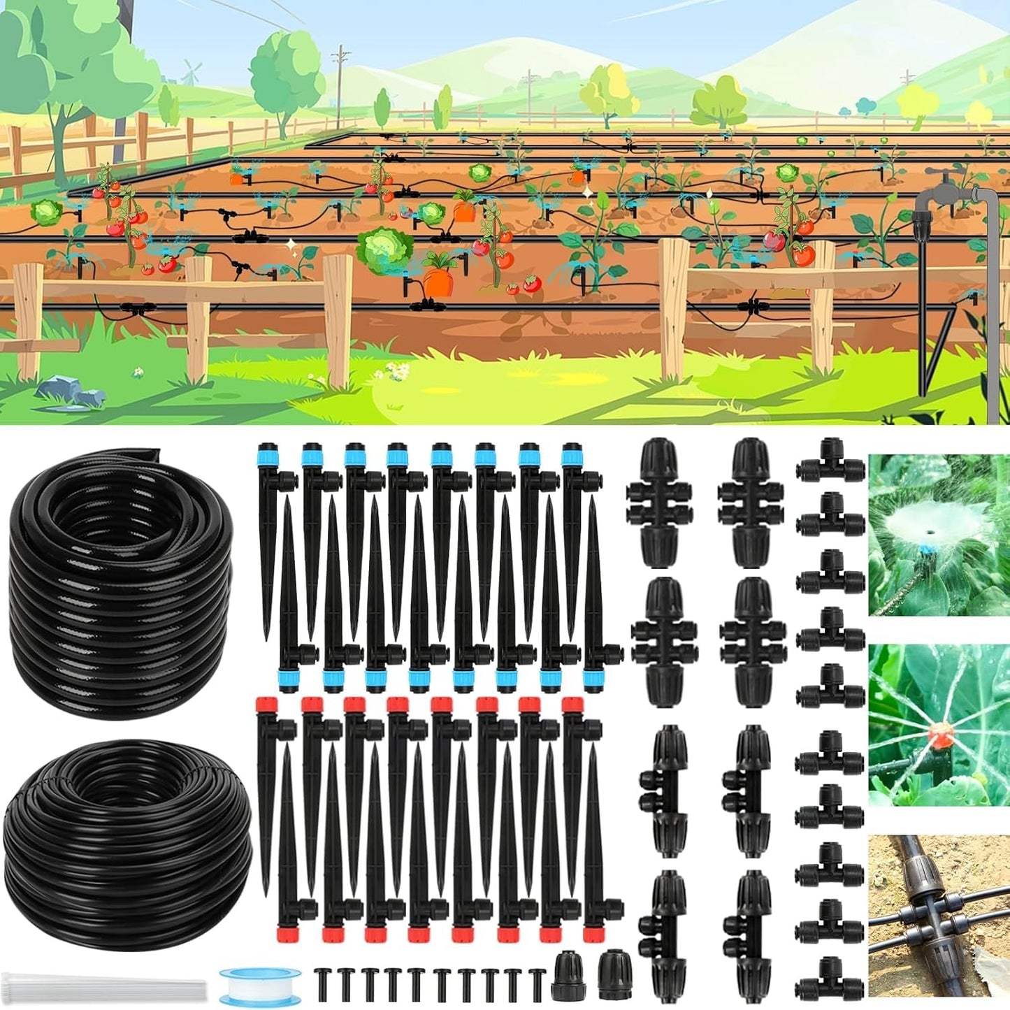 Powate Drip Irrigation System, Quick Connector Garden Watering System Automatic Sprinkler with 1/2'' 1/4'' Irrigation Tubing Hose Adjustable Nozzle for Lawn Greenhouse Plant Flower Bed,Blue
