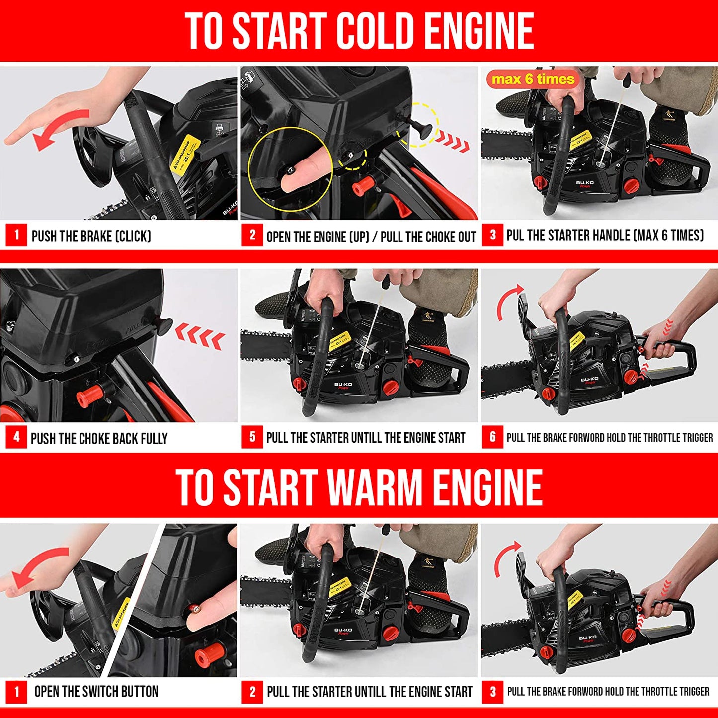 BU-KO 65cc Petrol Chainsaw 3.89HP 20" Bar with 2 Chains and 16" Bar with 2 Chains - Cover Bag and Full Safety Gear