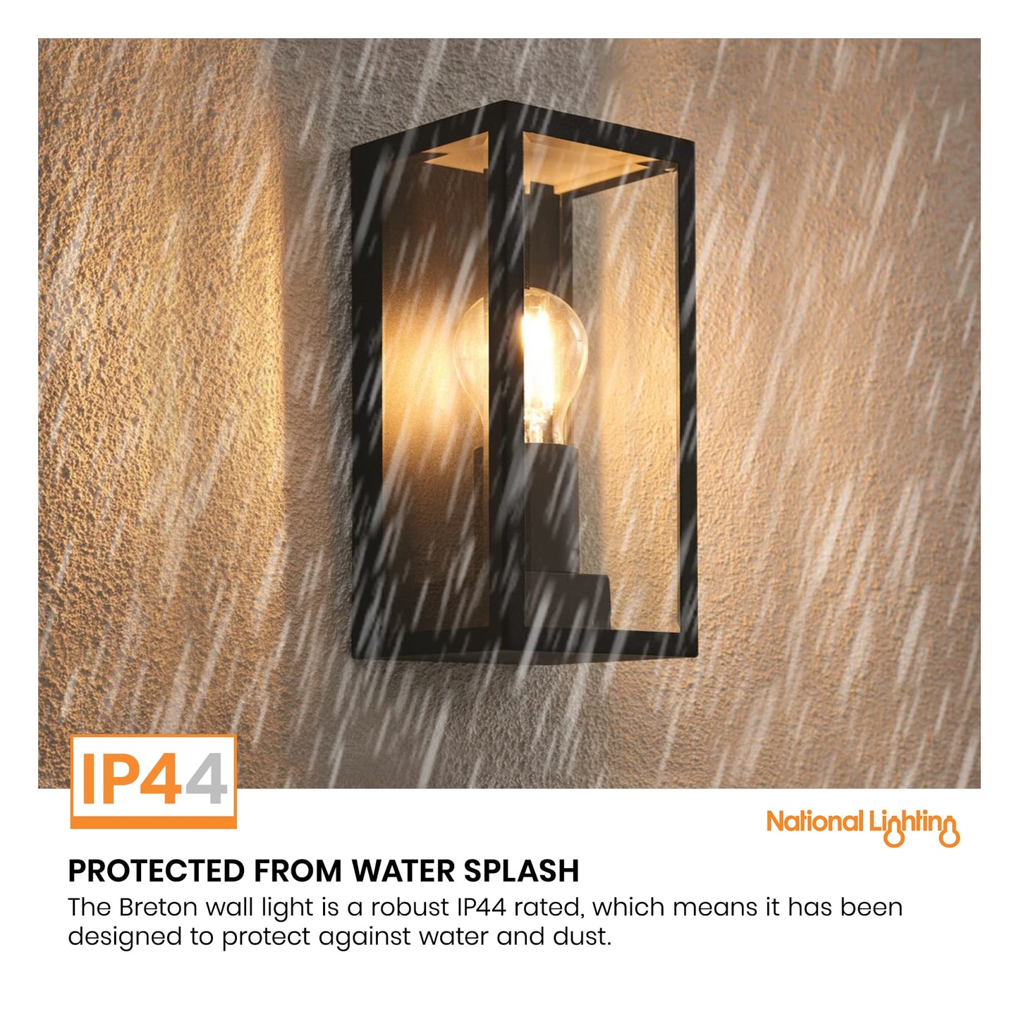 National Lighting Outdoor Wall Light - Matt Black Stainless Steel Boxed Lantern with Glass Panels - IP44 Rated Outside Light - Compatible with 28W 240V E27 Eco GLS or LED E27 (Not Included)