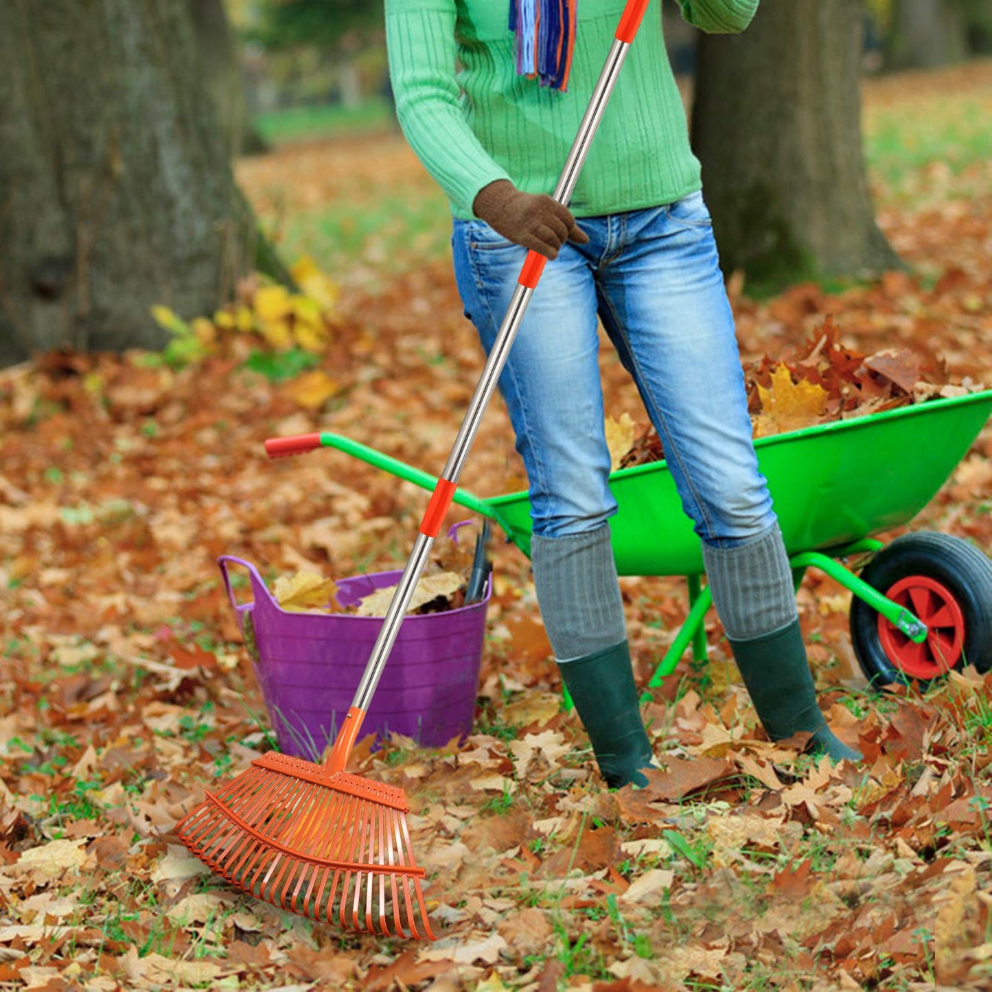 KPUY Steel Garden Rake for Lawn, Telescopic Leaf/Grass Rake, 98cm-165 cm Adjustable Handle - 25 Tines Durable Steel Head&Garden Gloves for Quick Clean Up of Lawn and Yard(Tangerine)
