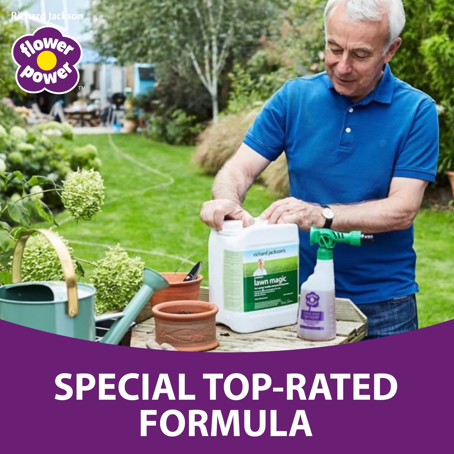 Richard Jackson Flower Power Premium Lawn Magic, Covers 500m, Lawn Feed for Gardens, Greens the Grass & Strengthens the Roots (5L)