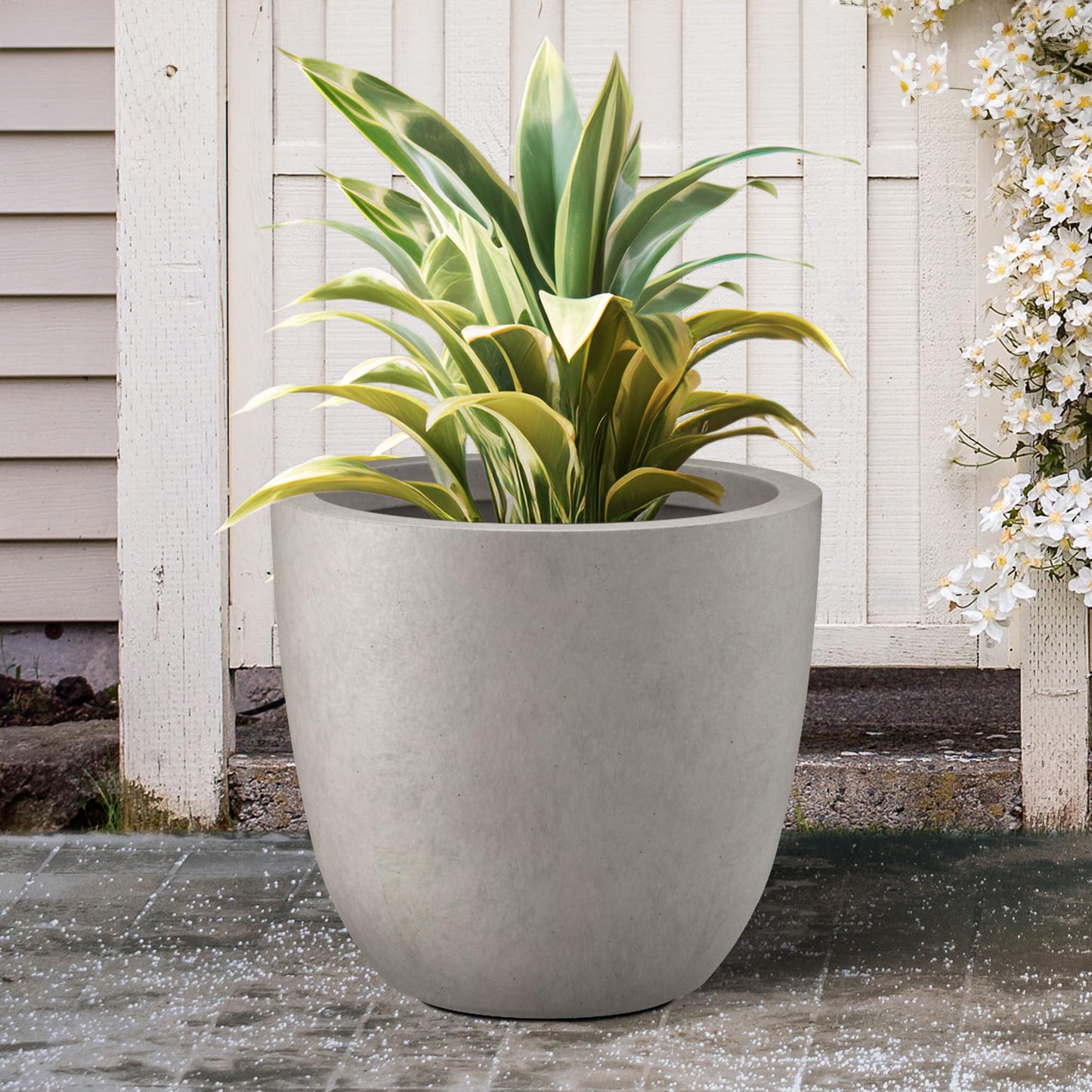 Kante 18 Inch Dia Round Concrete Planter, Indoor Outdoor Large Plant Pot with Drainage Hole and Rubber Plug for Home Patio Garden, Weathered Concrete