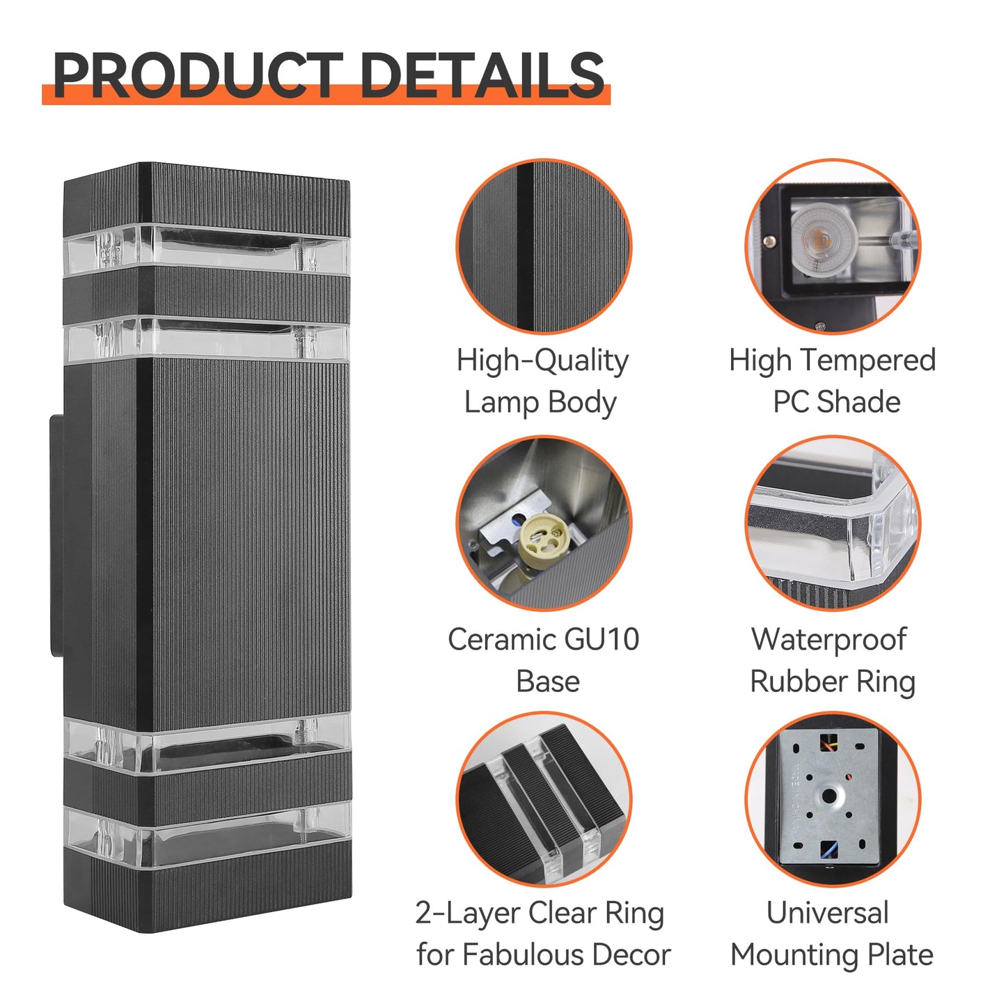 YICALE Outdoor Wall Lights Mains Powered,Up Down Lights Outdoor IP65 Waterproof Outside Wall Lights,Black LED Front Door Light Square Aluminium External Light Wall Mounted for House,Garden,2*GU10