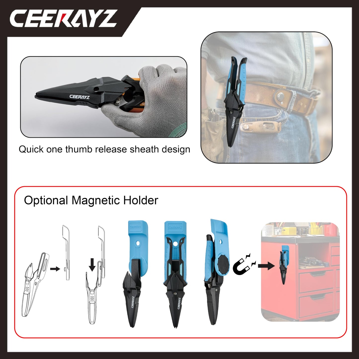CEERAYZ 185mm Notch Scissors All Purpose Heavy Duty, Garden Shears, Scissors for DIY Projects, Office, Production Lines, Pruning, with Protective Sheath (Black/Blue)