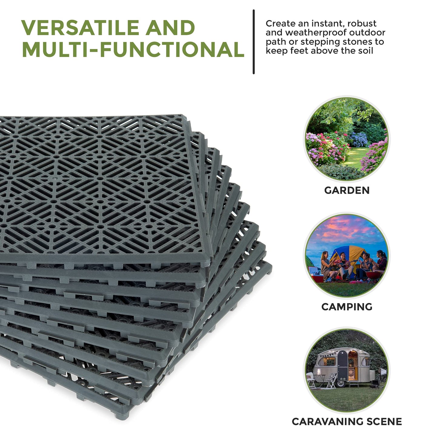 FiNeWaY 9pc Garden Plastic Tiles – Interlocking Non-Slip Walkway Floor Path Patio – Weatherproof – Decorate Garden Vegetable Plot Or Terrace (9pc Grey)