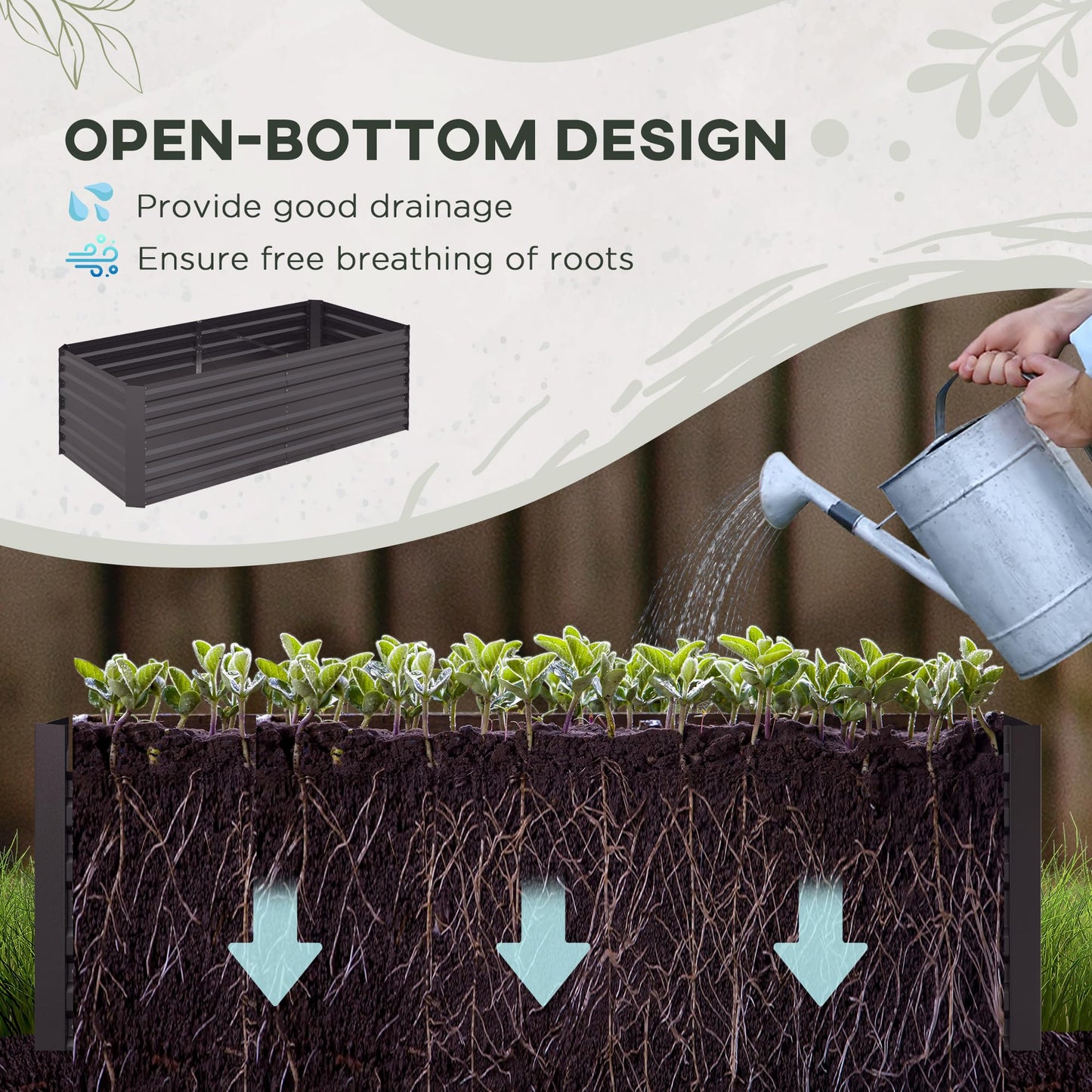 Outsunny Raised Beds for Garden, Galvanised Steel Outdoor Planters with Multi-reinforced Rods for Vegetables, Plants, Flowers and Herbs, 180 x 90 x 59 cm, Dark Grey