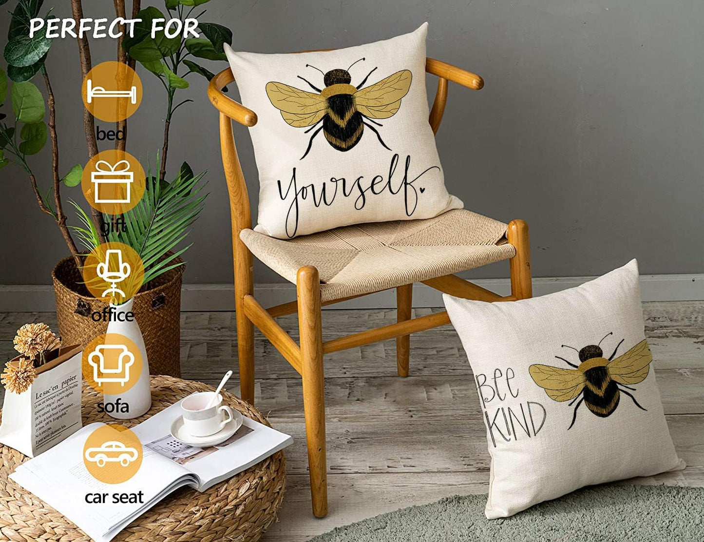 KUNQIAN Bee Cushions Cover Outdoor Waterproof Cushions Yellow Bee Pillow Covers Set of 4 Home Decorative for Sofa Linen Square Outside Office 18x18 Inch 45x45cm