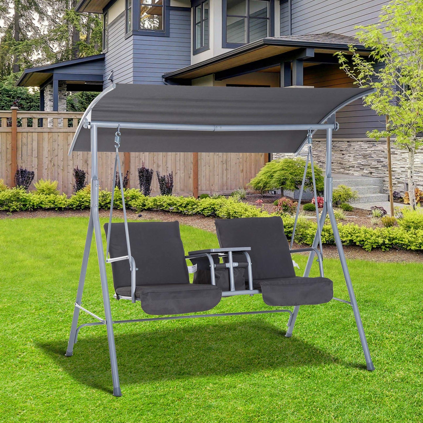 Outsunny 2 Seater Garden Swing Chair Patio Rocking Bench w/Tilting Canopy, Double Padded Seats, Storage Bag and Tray, Grey