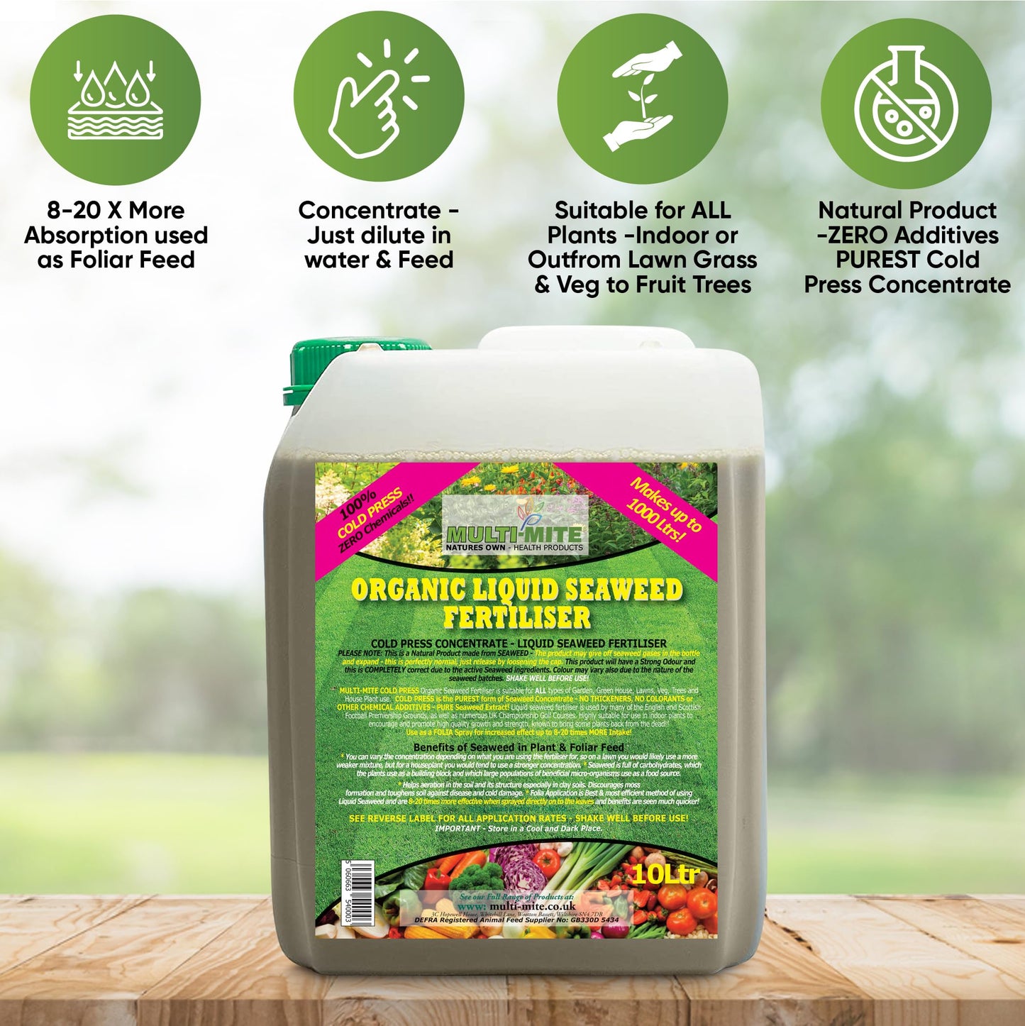 Multi-Mite 10 Ltr Liquid Seaweed – 100% Natural & Organic Concentrate Cold Pressed Plant Feed & Soil Fertiliser, Trees Lawn Veg & House Plants Root or Foliar Feeding