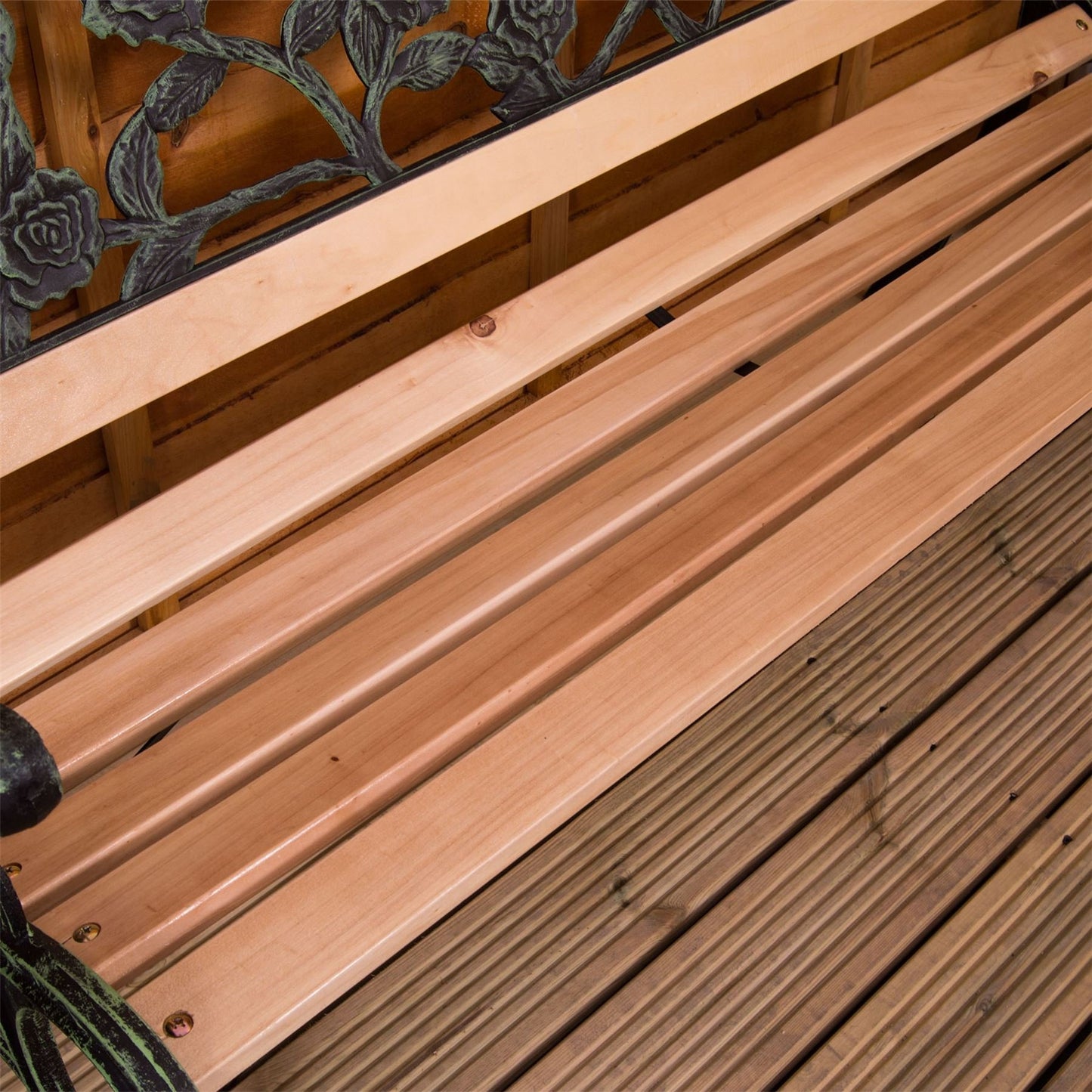Home Discount Garden Vida Garden Bench, Rose Style Design 3 Seater Outdoor Furniture Seating Wooden Slats Cast Iron Legs Park Patio Seat