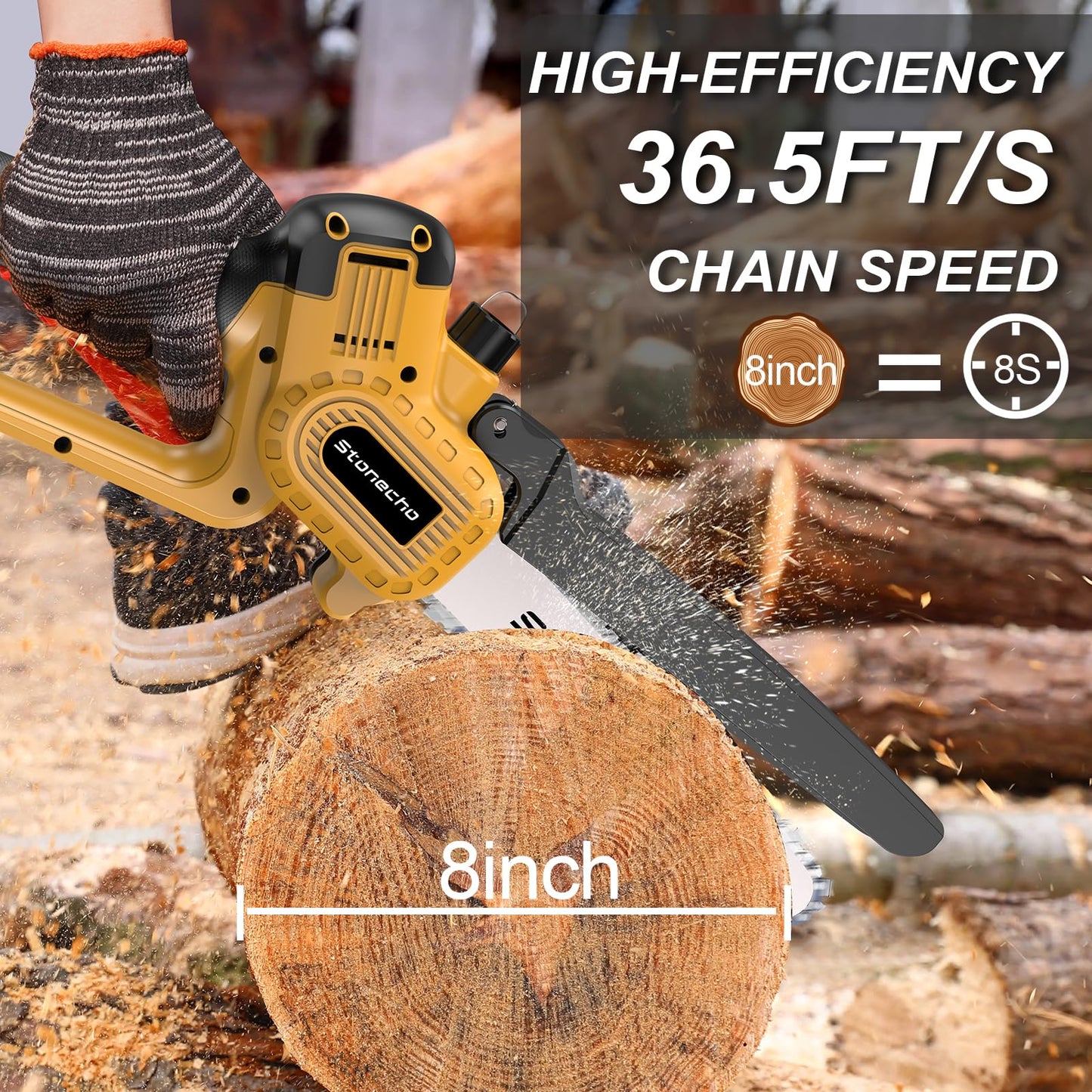 Stonecho Mini Chainsaw 8 Inch, 2x4000mAh Battery Chainsaw with Oiler System, Brushless Motor Mini Chainsaw Cordless, 36.5FT/S Chain Speed Handheld Electric Mini Chainsaw for Garden Tree Branch Cutting