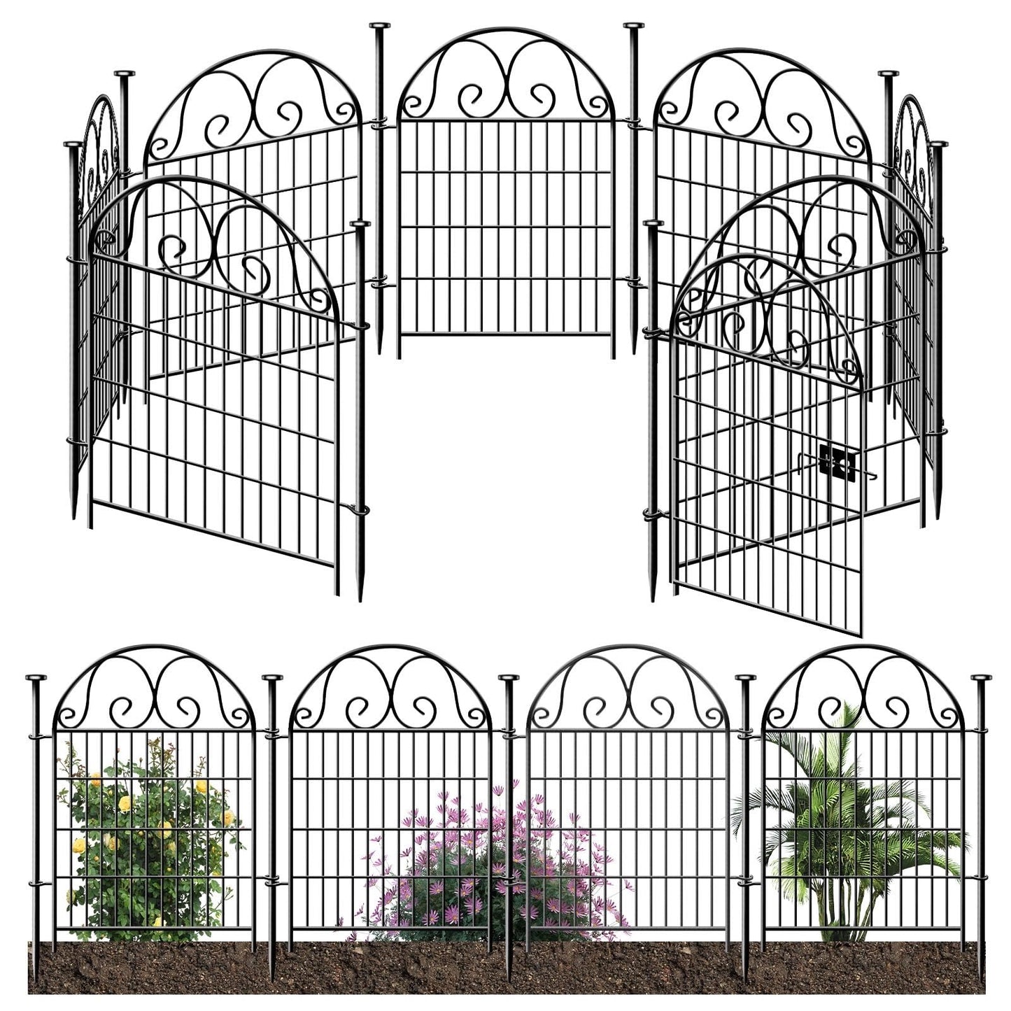 Getlay Tall Garden Animal Barrier with Gate, 36in(H)×17.5ft(L) 8-Panel Dog Fence, Black Heavy Duty Metal Temporary Defense Fence