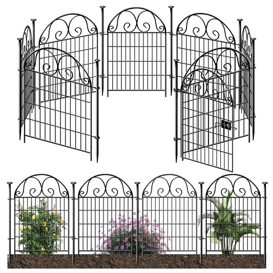 Getlay Tall Garden Animal Barrier with Gate, 36in(H)×17.5ft(L) 8-Panel Dog Fence, Black Heavy Duty Metal Temporary Defense Fence
