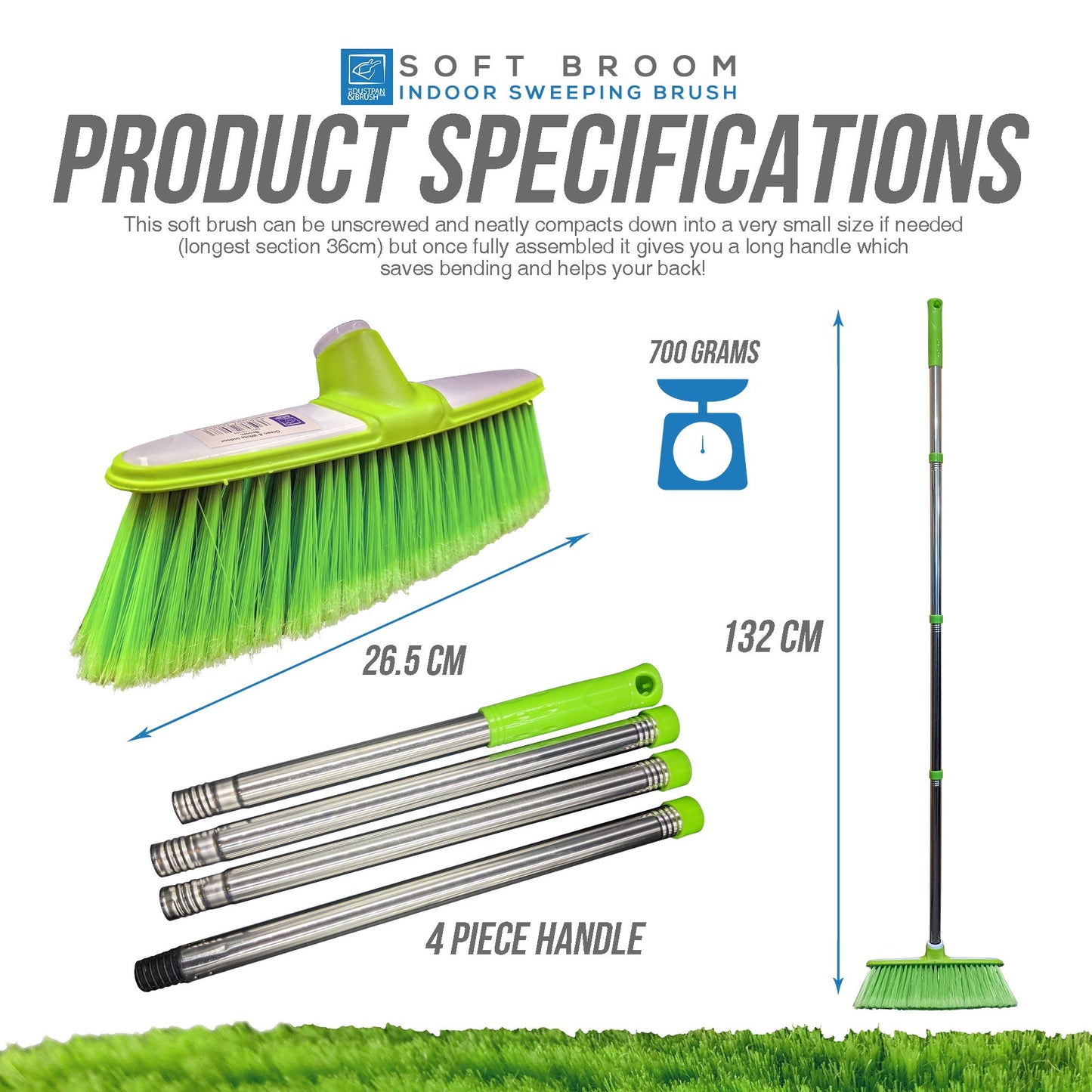 Soft Broom Indoor Sweeping Broom Brush with Stainless Steel Handle - The Perfect Indoor Sweeping Kitchen Floor Brush Broom for Your House - The Long Handled Brush Sweeper Broom (Green)