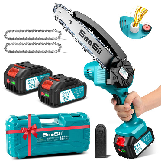 Seesii Mini Chainsaw Cordless 6 Inch with 2×4000mAh Batteries, Electric Saws for Tree Branches, Battery Powered Handheld Small Chain Saws for Limb Trimming Cutting,Gift for Men Dad Husband
