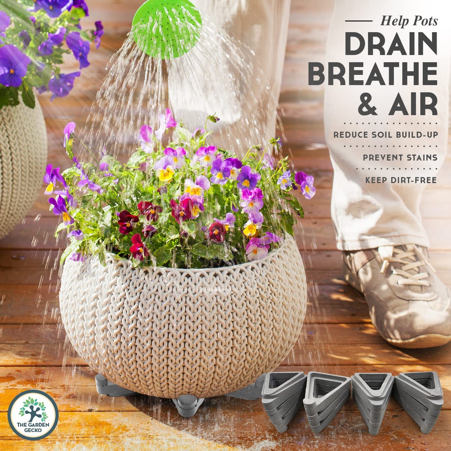 The Garden Gecko Pot feet for outdoor plant pots and flowers, solid rubber pot risers with a custom non-slip surface grip | 24 Triangle Hollow Pot-Toe Pcs | GREY WISP