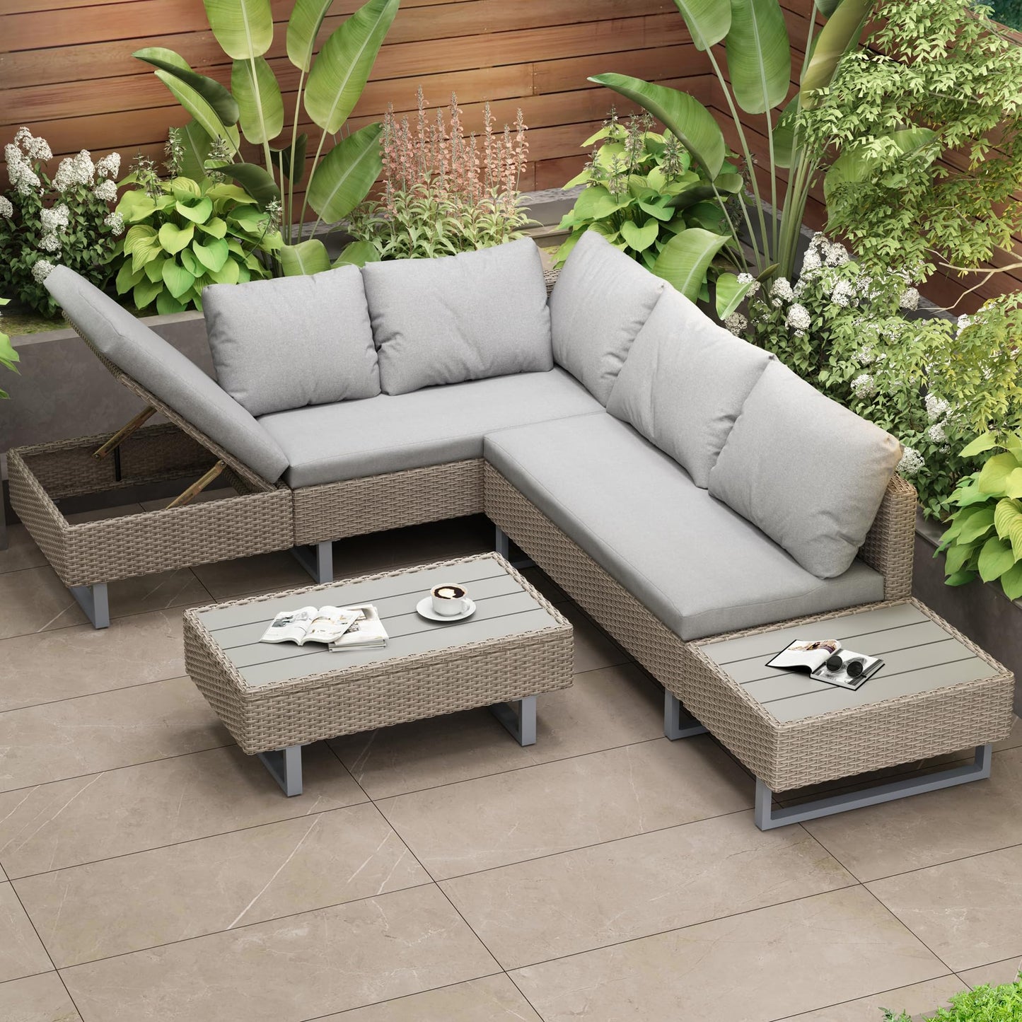 Merax Rattan Garden Sofa Set 5-Seater, Industrial Style PE Rattan Garden Furniture, Rattan Corner Sofa with Coffee Table, Anti-UV Cushions Removable Covers, Outdoor Furniture for Garden, Mixed Khaki