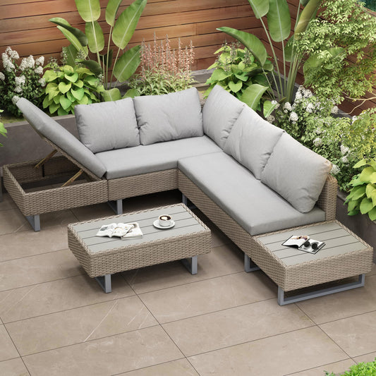 Merax Rattan Garden Sofa Set 5-Seater, Industrial Style PE Rattan Garden Furniture, Rattan Corner Sofa with Coffee Table, Anti-UV Cushions Removable Covers, Outdoor Furniture for Garden, Mixed Khaki
