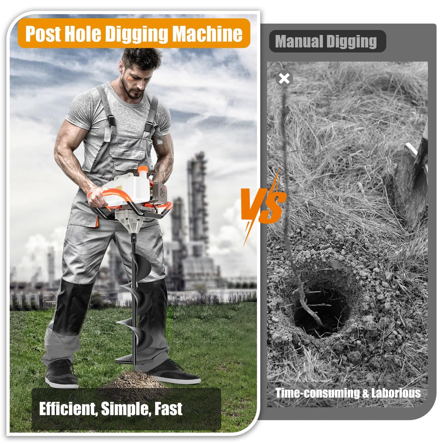 71cc 2-Stroke Petrol Earth Auger, Fence Posts 2.3 kW Petrol Drill (with 3 Bits) 100 mm 150 mm 200 mm, 2 Stroke Auger Post Hole Digger, for Digging Holes on Ice or Other Surfaces