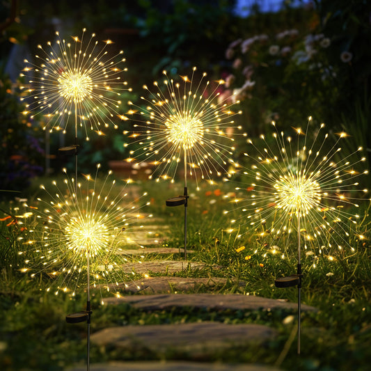 GIGALUMI Solar Lights Outdoor Garden, Solar Firework Lights 120 LEDs 4 Packs, Starburst Light Waterproof for Yard Lawn Party Patio Wedding Decor(Warm White)