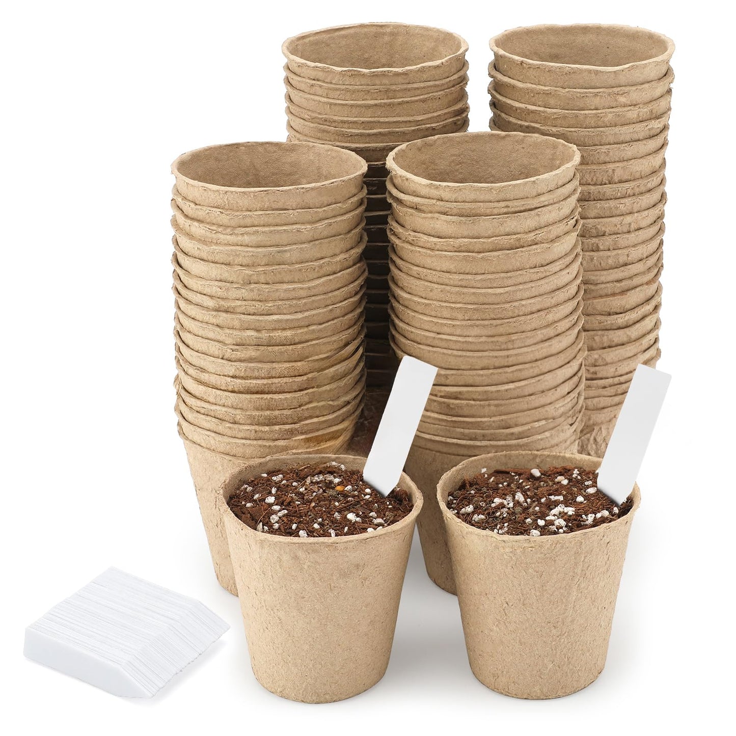 KINGLAKE 100 Pcs 8cm Fibre Seed Pots Biodegradable Plant Pots Seedling Pots with 100Pcs Plastic Plant labels 1x5cm