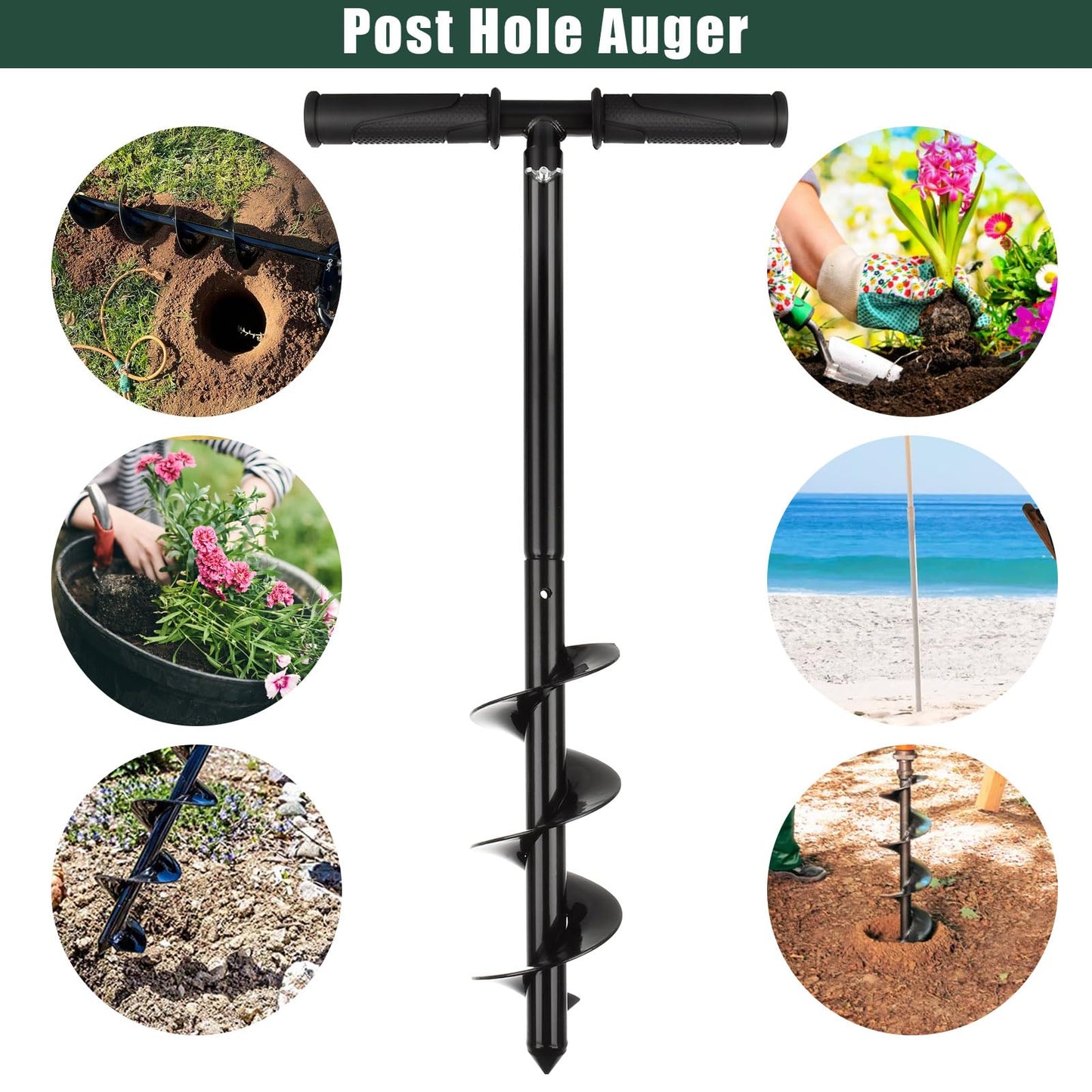 VIDETOL Fence Post Auger, 10X60cm Manual Auger Post Hole Digger with Non-Slip Handle, Adjustable Post Hole Auger for Gardening Planting, Bulb Planting, Umbrella Hole, Post Hole and Mixing Fertilizer