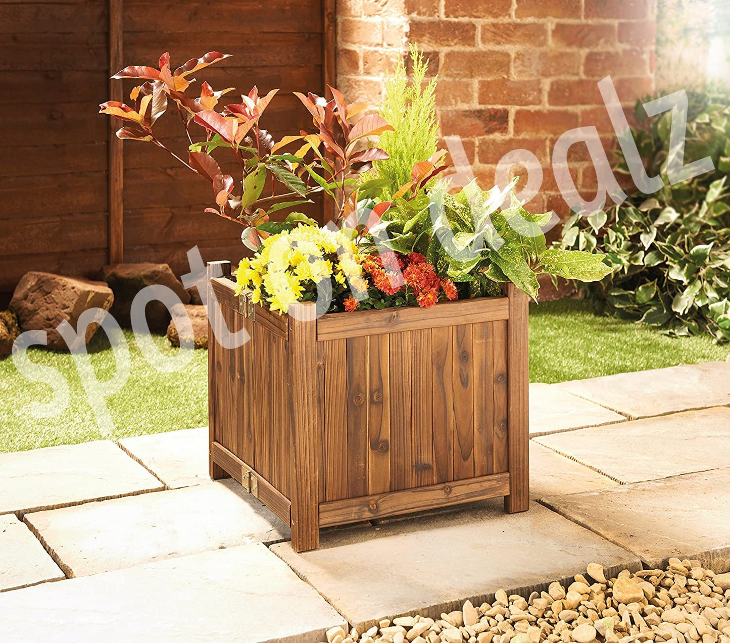 spot on dealz® Wooden Square Free Standing Planter Outdoor Display Flower Ornament Lawn Porch Decor Wooden Design Decorative Garden Feature