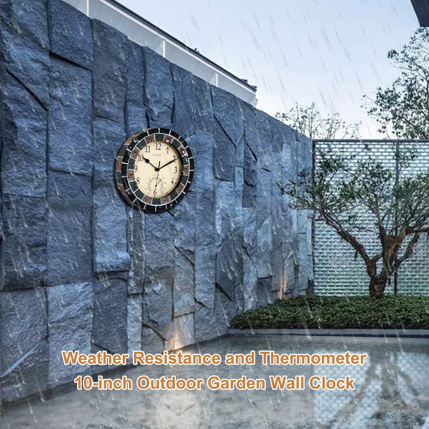 OCEST 10.5 Inch Garden Clock Outdoor Waterproof, Thermometer Silent Non-ticking Battery Operated Wall Clocks Retro Decorative for Pool, Kitchen, Patio