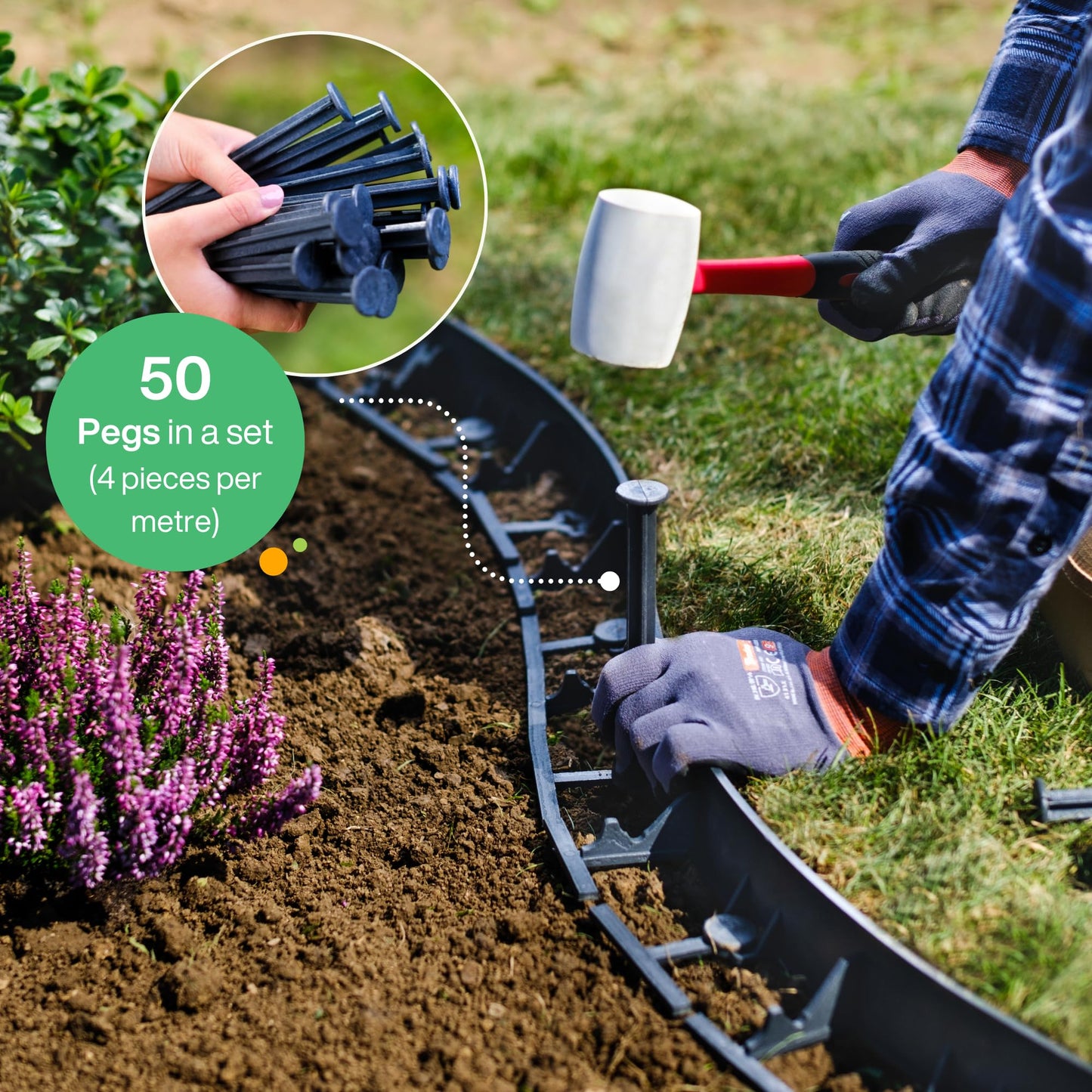 Flexible Lawn Edging 12 m - Invisible Plastic Garden Edge with 50 Securing Pegs - Easy to Use, Weather Resistant - Grass, Flowerbed & Path Border Edging, Height 78 mm, Black