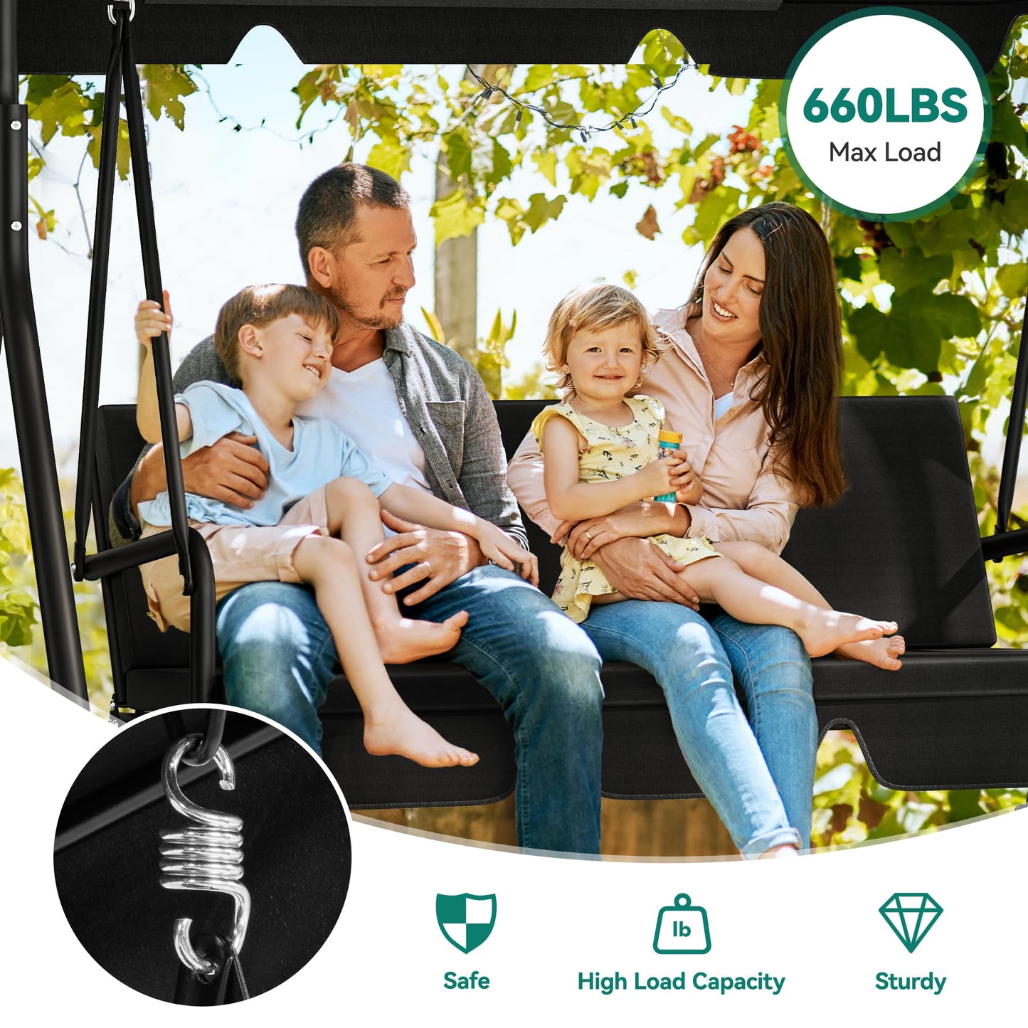 YITAHOME Canopy Swing Chair, 3 Seater Garden Swing Seat Chair, Outdoor Swinging Chair Bench with Adjustable Canopy & Removable Cushion for Patio Poolside Porch, 270KG Loadable,170 x 110 x 153cm, Black