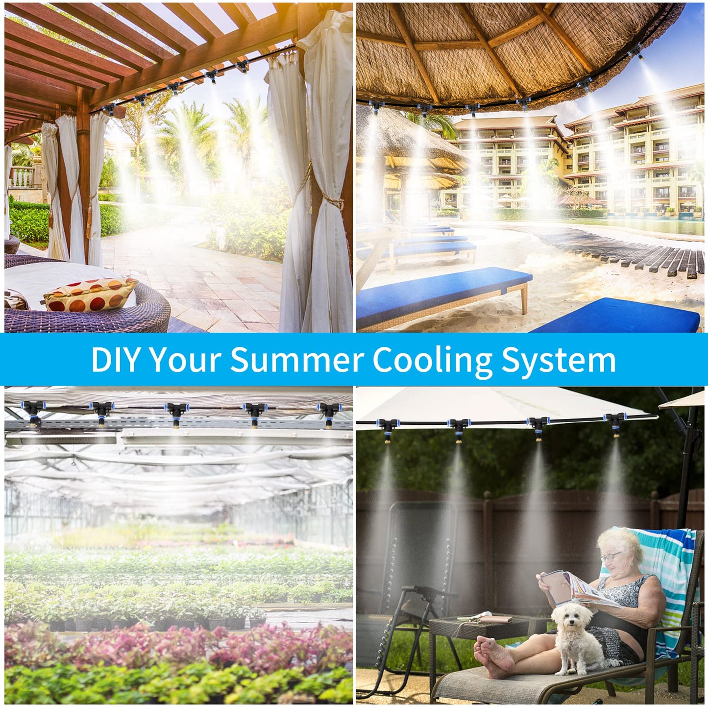 Mdlufee Spray Mist Cooling Irrigation System,66FT/20M Misting System,20 Brass Mist Nozzles,Water Mist Hose for Backyard,Garden,Greenhouse,Umbrella