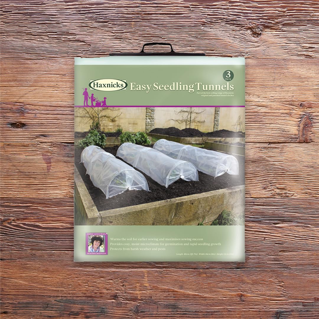 Haxnicks 3 x Easy Seedling Tunnels | Mini Ready To Use Fold Out Design Poly Garden Tunnels | Warms Soil Prior To Planting | Protect Tender Plants | L80 cm x W18 cm x H12 cm Etun140101