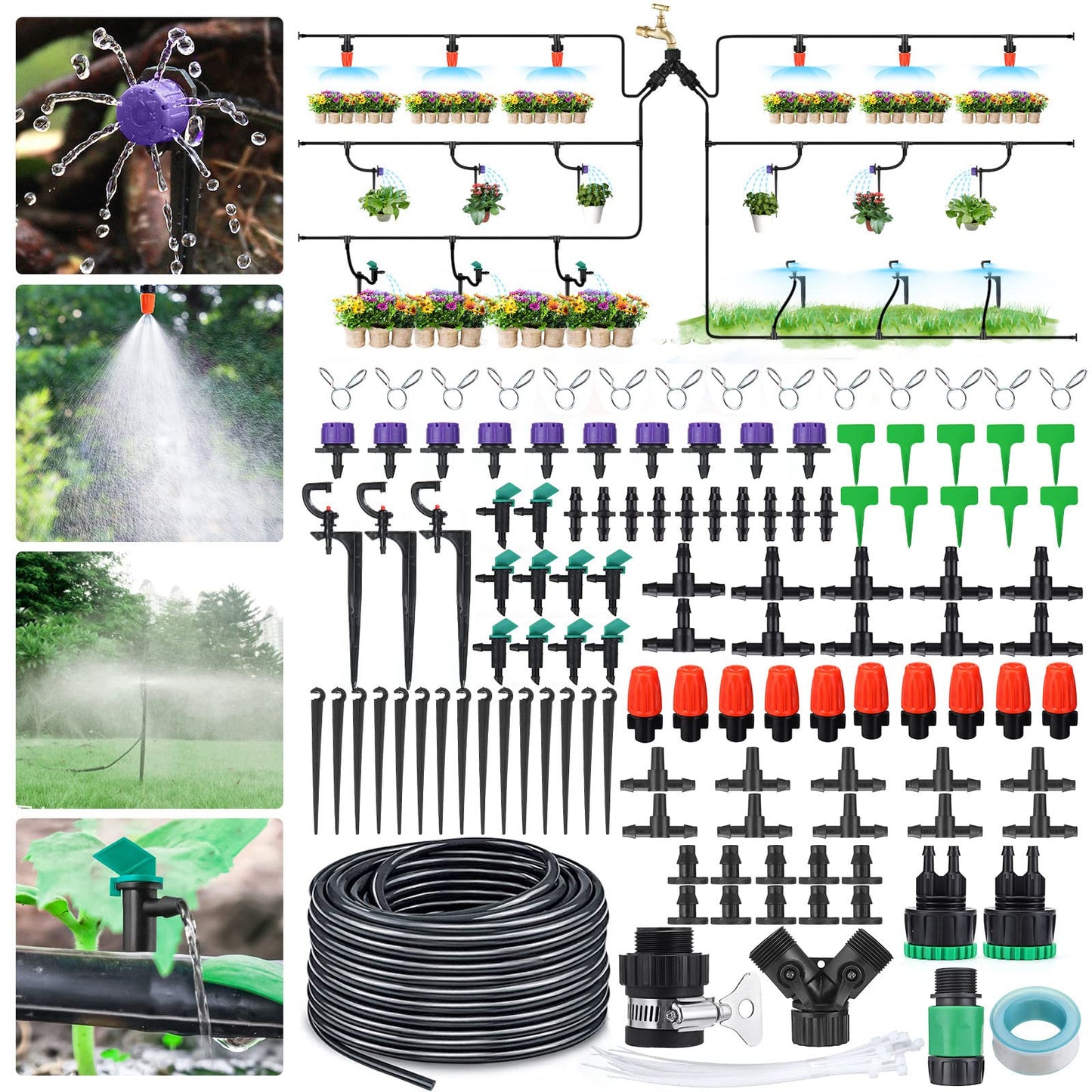 30M/100FT Drip Irrigation System, 173Pcs Micro Irrigation Kit, Greenhouse Plant Watering Hose, Automatic Irrigation System with Adjustable Nozzle Sprayer and Dripper Automatic for Lawn, Garden, Patio