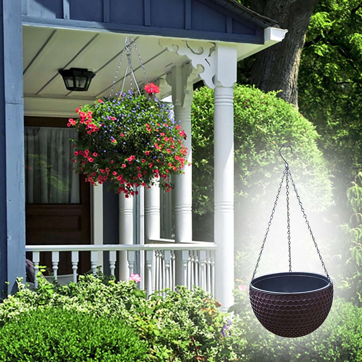 JAXICH Hanging Basket with 3 Metal Wire Hanging Planters Hanging Flower Pots Plant Basket Hanging Plant Holder Hanging Planters Self Watering Basket for Indoor Outdoor Garden Porch Decoration 25cm