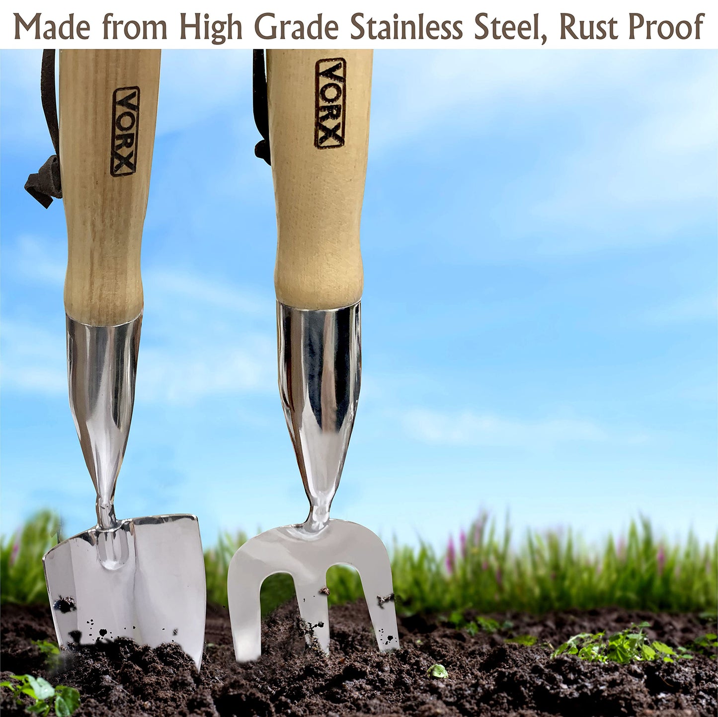 Garden Hand Fork Hand Trowel Stainless Steel Extra Long Wooden Handle Approx. 17inch Long Perfect for Digging, Planting by VORX 1% of Sale Value will be Donated to Children's Hospital Sheffield