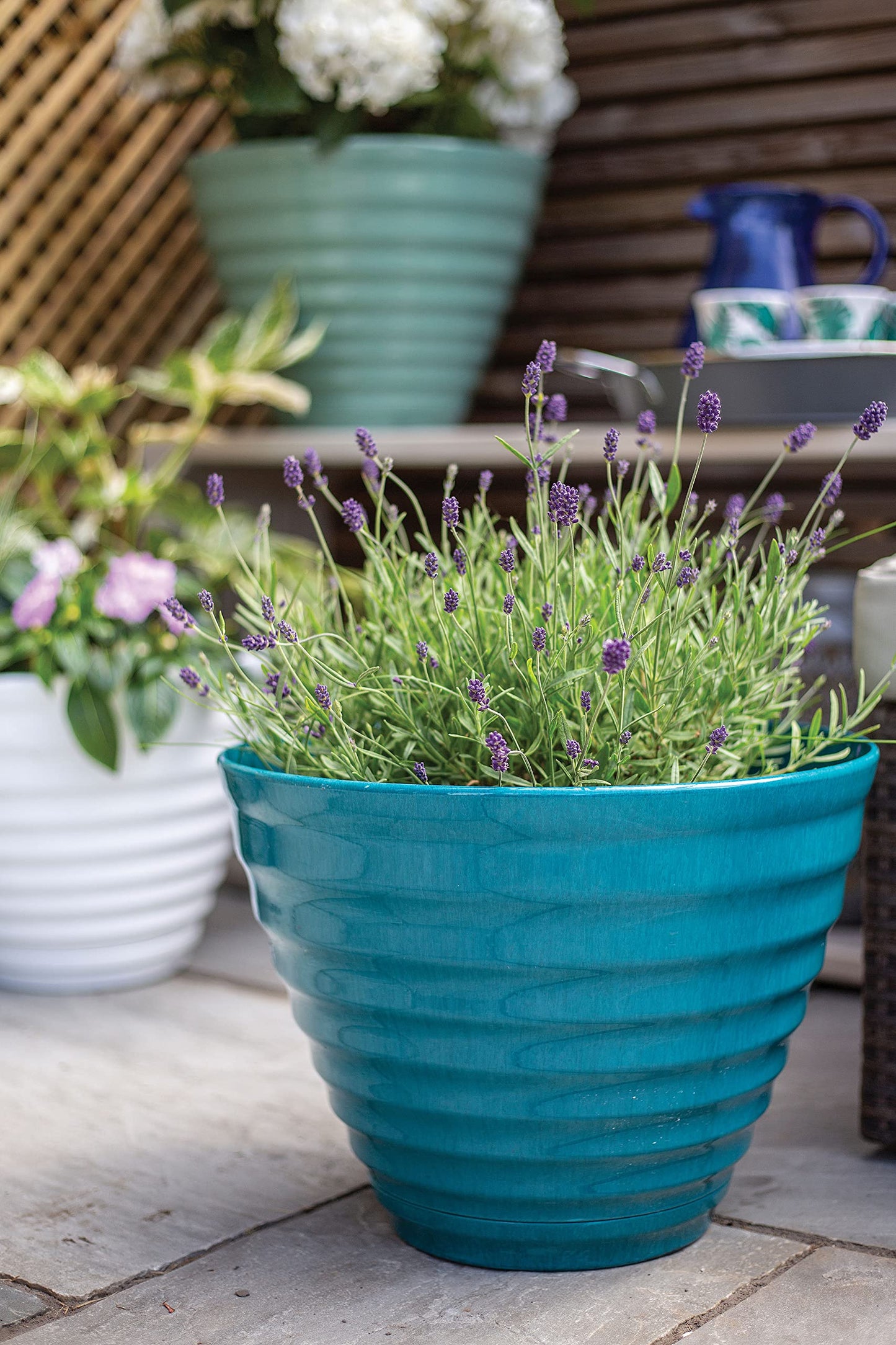 Plant Avenue Lightweight Recycled Plastic Garden Pot Drainage Holes | UV Resistant & Frostproof | Kelkay Vale Teal Planter with In Built Saucer 40cm 90650TE, Large