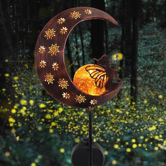 TERESA'S COLLECTIONS Large Garden Ornaments Outdoor, Gifts for Women, Metal Fairy Sitting on Moon Solar Lights Outdoor Garden, Solar Stake Lights with Crackle Glass Ball for Lawn, Path, 40inch