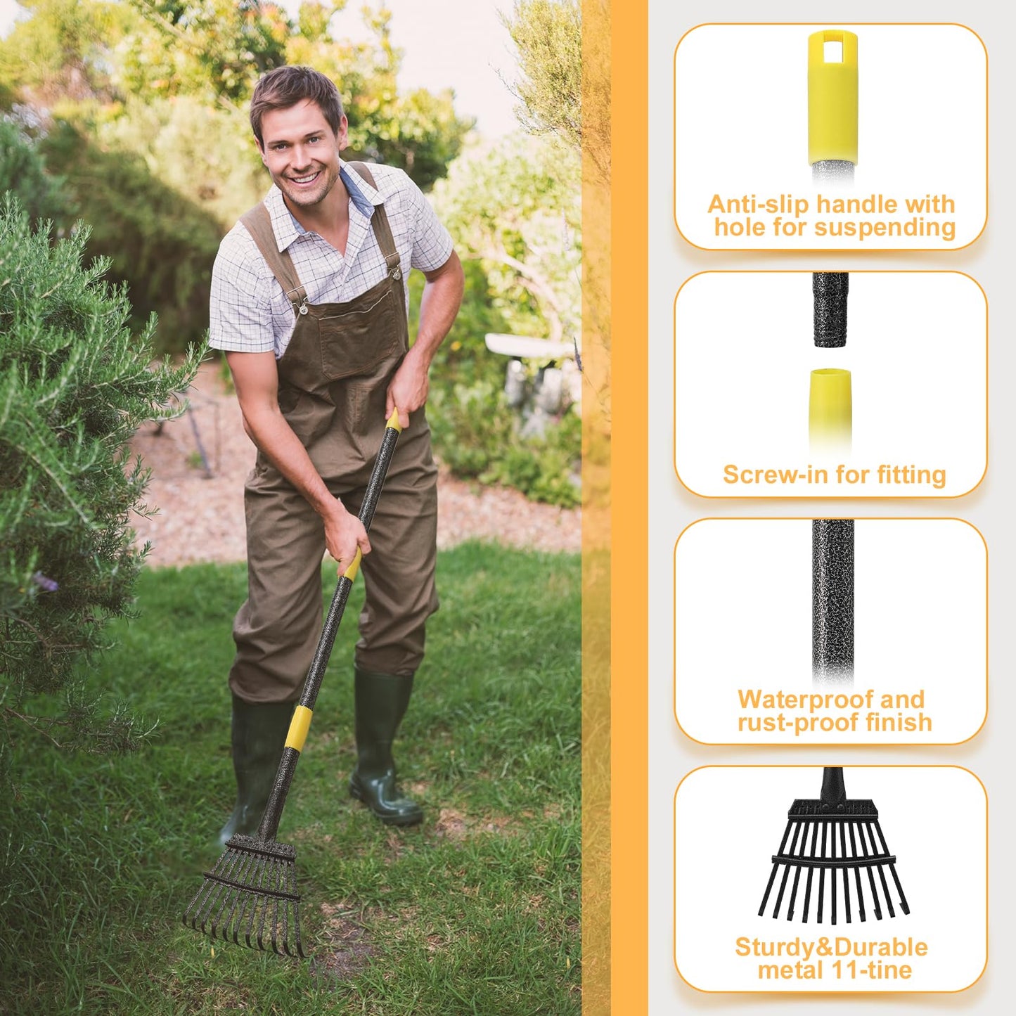 Garden Leaf Rake 5 FT, 21 cm Width 152 cm Long Heavy Duty Small Leaf Rake 11 Tines, Adjustable Steel Handle,Garden Leaf Rake Shrub Rake for Collecting Debris in Flower Bed, Delicate Plants, Lawn ,Yard