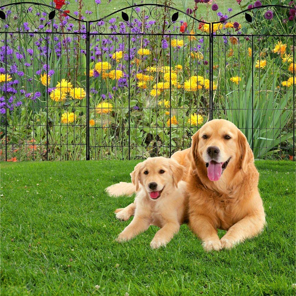 MTB Black Coated Garden Iron Style Metal Side Outdoor Patio Gate Steel Decorative Garden Fence Panel 112cm Hx 91cm W (4 Pack, Linear Length 12 feet) 2 Leaves, Metal Border Folding Fence