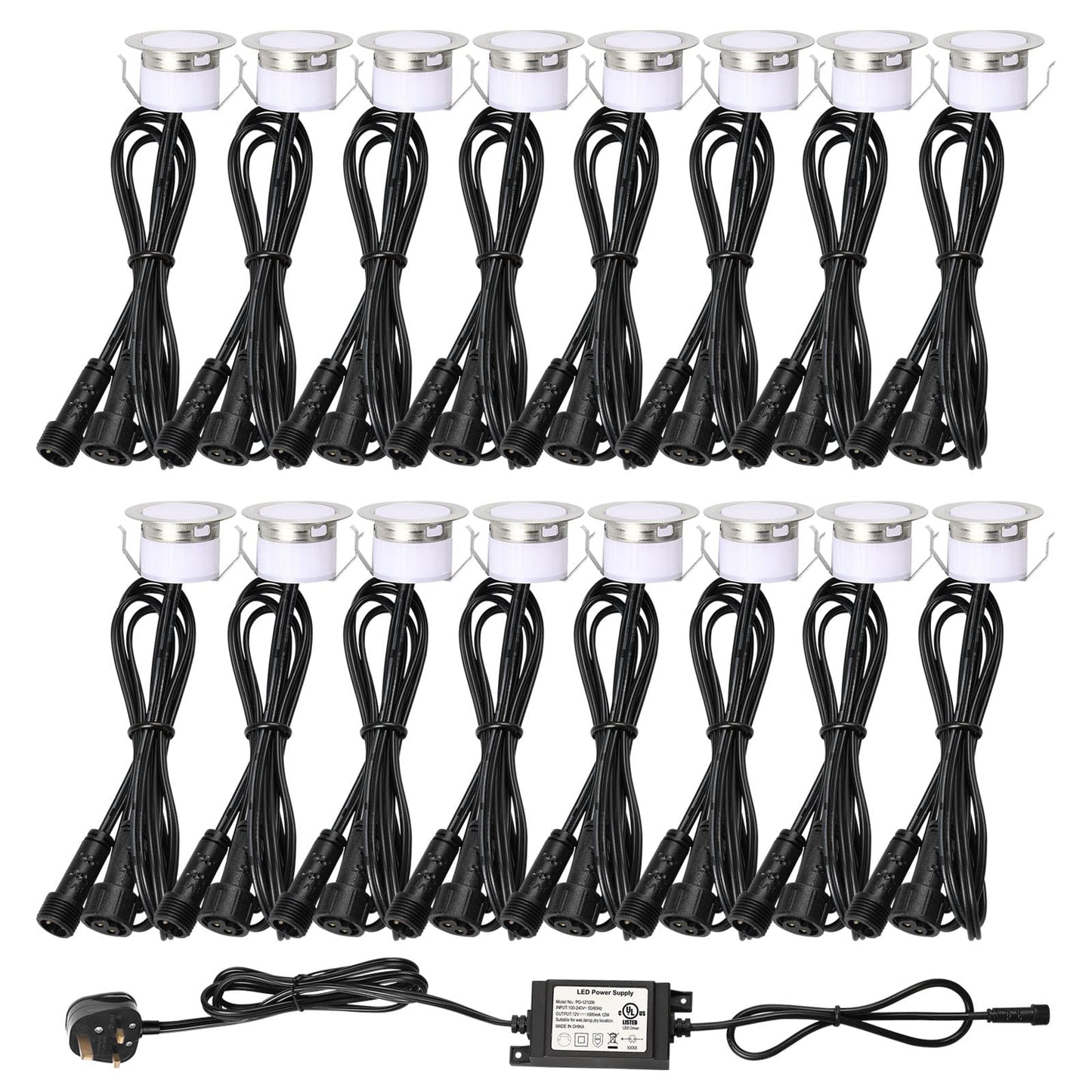 INDARUN Warm White Led Decking Lights Outdoor Waterproof IP67 Ø31MM 12V - Led Plinth Light Kits for Terrace/Patio/Path/Wall/Garden/Decoration, Lot of 16