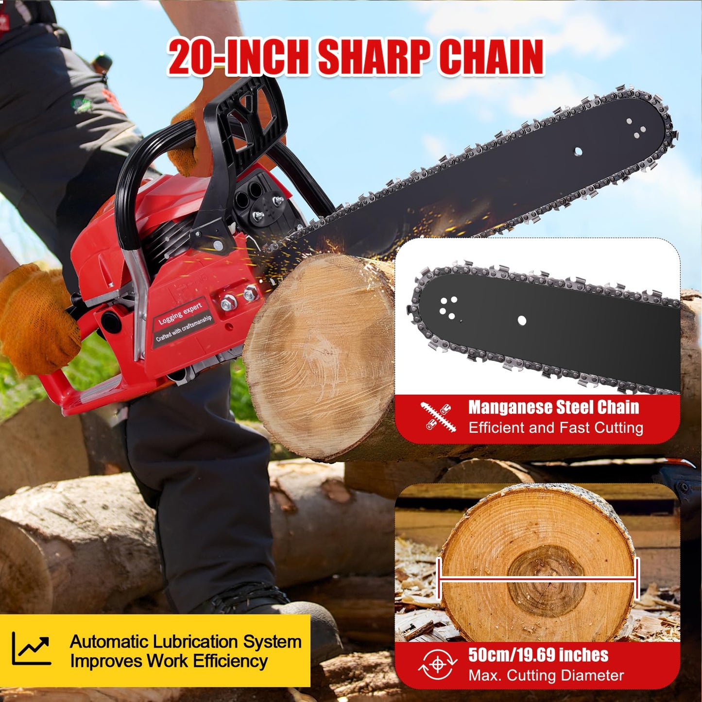 Lightasea Petrol Chainsaw 20 Inch, 4200W 52CC Chainsaw Petrol 2-Stroke Easy-Start, Lightweight, Automatic Chain Lubrication, Easy to Use Petrol Chain Saws for Cutting Trees