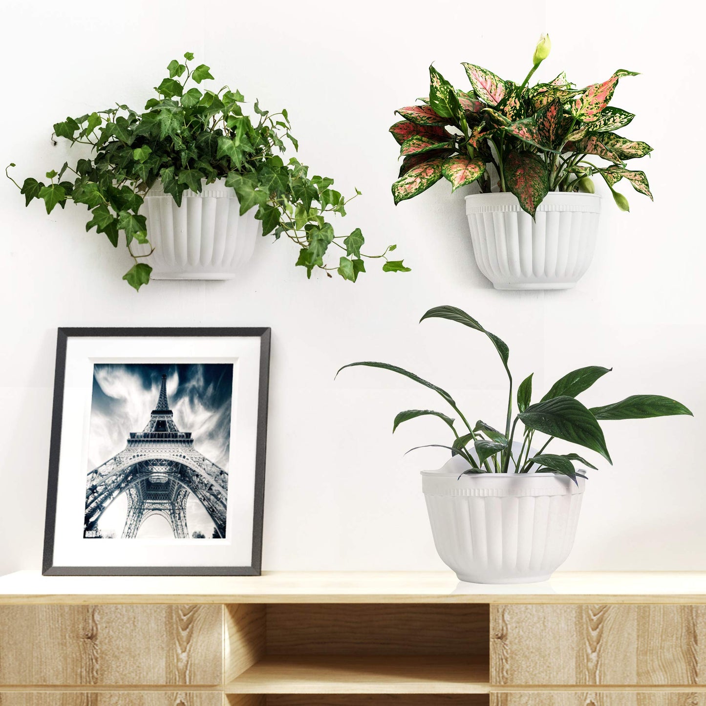 ORIMERC 4 pcs White Wall Planter Pots Vertical Living Wall Hanging Planters Wall Mounted Planter Holder with Drainage Hole for Indoor Outdoor Plants Wall Decor with healthy Plants
