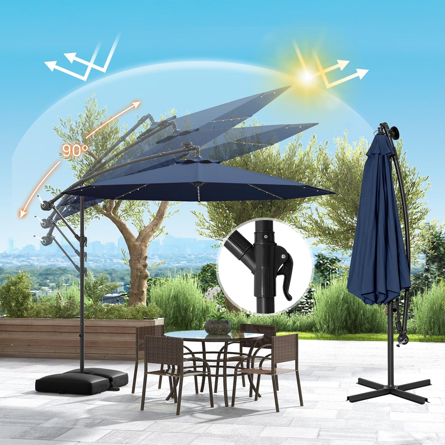 COSTWAY 3M Cantilever Garden Parasol, Hanging Offset Umbrella with 40 LED Lights, Solar Panel Batteries & Sand Bag, Outdoor Water-proof Canopy Sunshade Shelter for Patio Balcony (Navy)