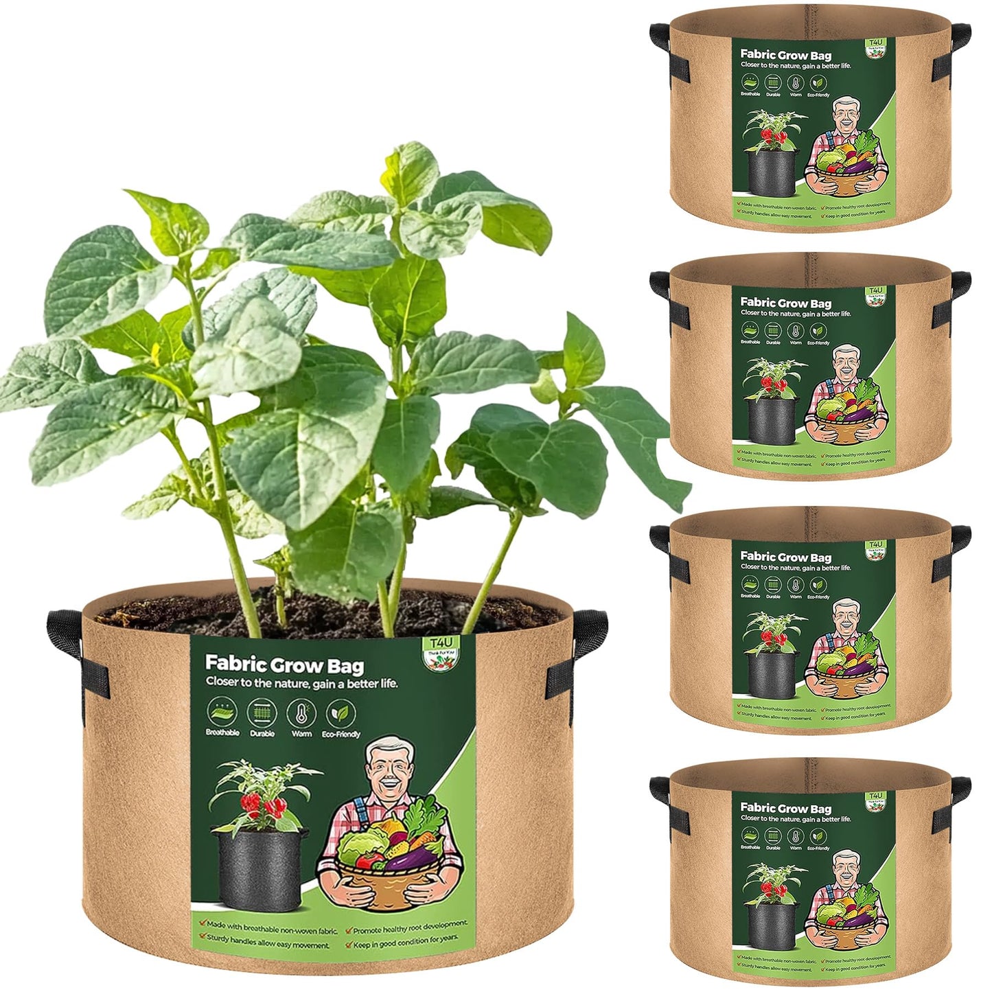 T4U 5-Pack 15 Gallon Fabric Plant Grow Bags, Heavy Duty Smart Growing Bag with Handle, Thickened Breathable Nonwoven Growbag Planter, Large Fabric Pots for Potato Tomato Vegetable Bonsai Tree Outdoor