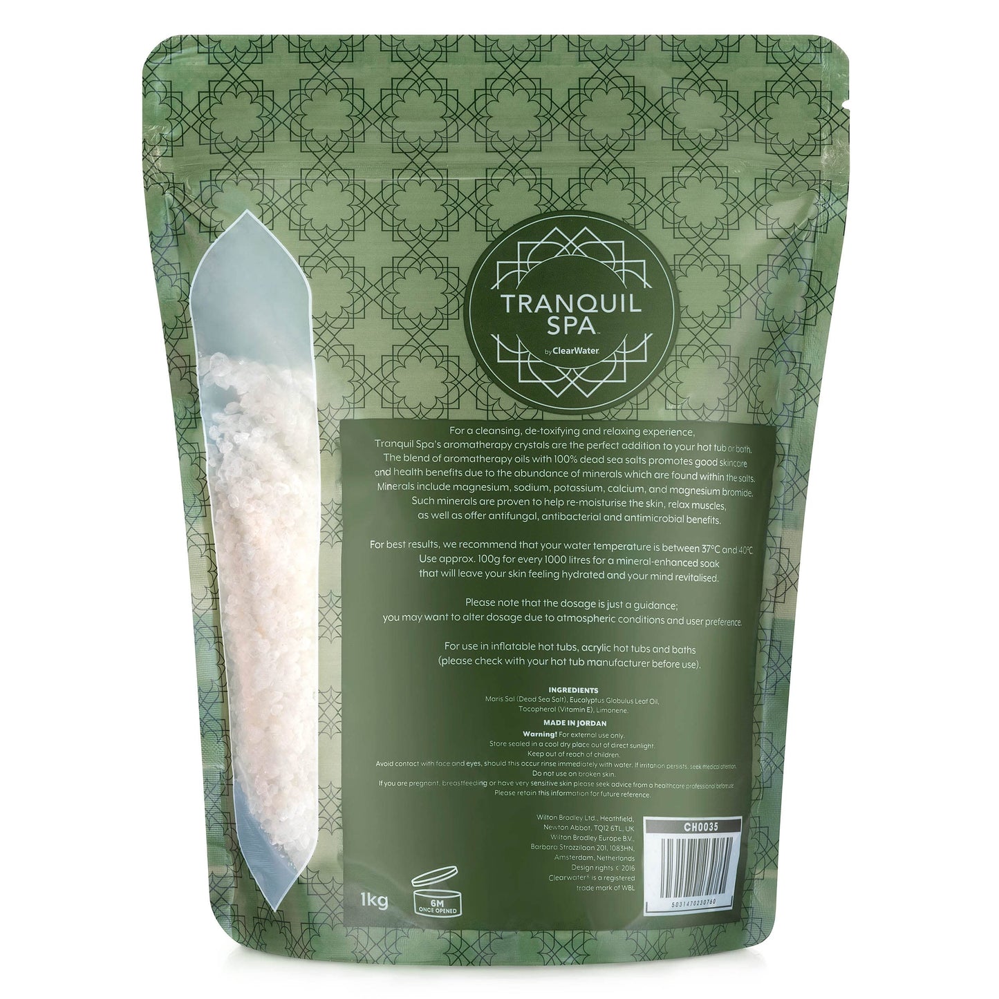 Clearwater Tranquil Spa 100% Dead Sea Salt 1KG, Bath and Hot Tub Salts, Hot Tub Fragrance, Natural Minerals, Re-Energising Eucalyptus