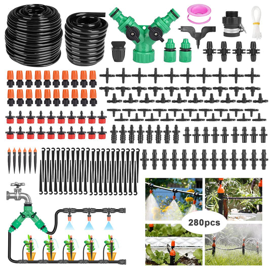 Drip Irrigation System, 280 Pcs Micro Drip Irrigation Kit, 147FT/45m Drip Irrigation Hose with Adjustable Nozzle Dripper Sprayer, Automatic Irrigation Garden Plant Watering Kit for Lawn, Garden, Patio