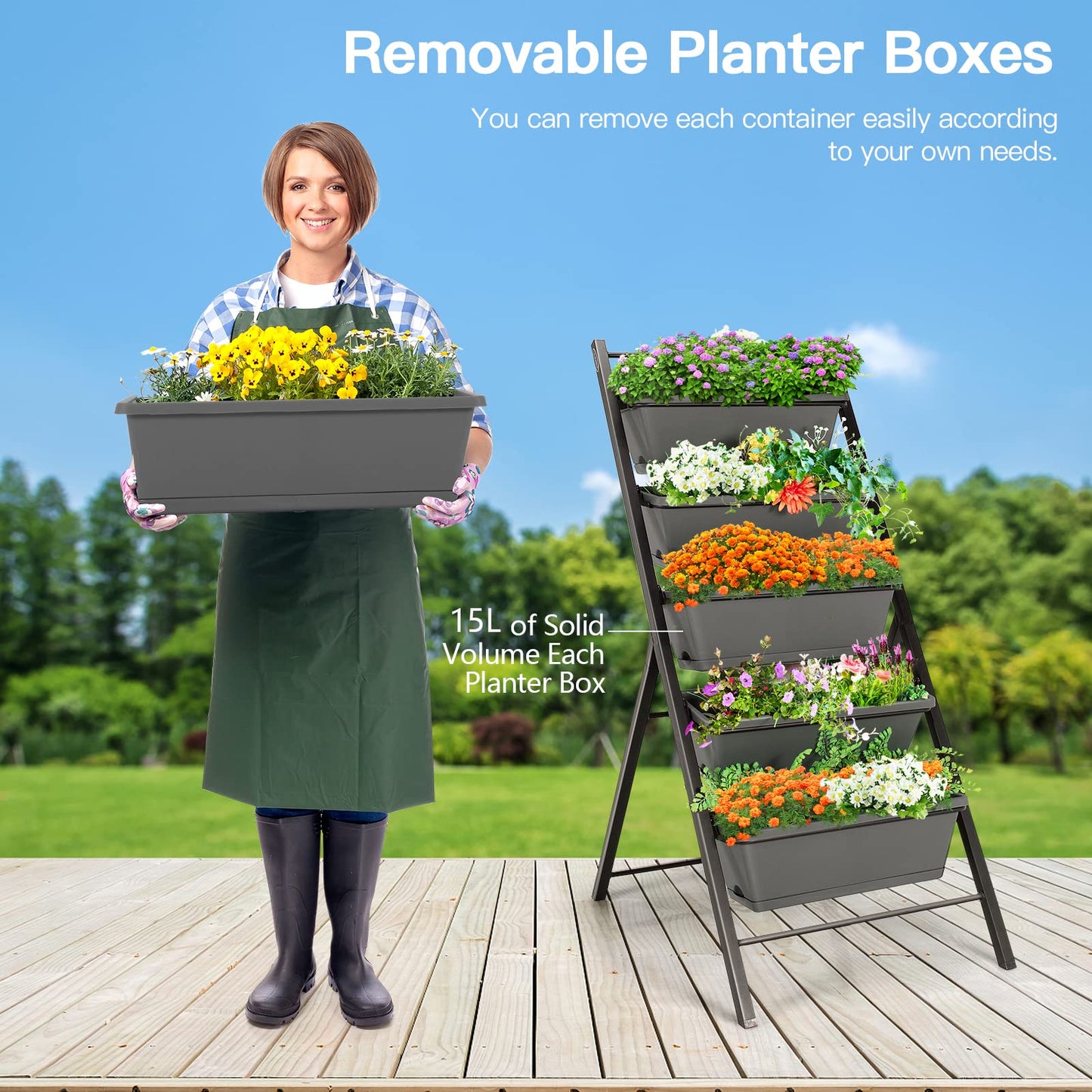 COSTWAY 5-Tier Raised Garden Bed, Vertical Garden Planter with 5 Removable Trays, Drainage Holes and Foot Pads, Indoor Outdoor Elevated Flower Herb Growing Box for Patio Yard Balcony (Grey)