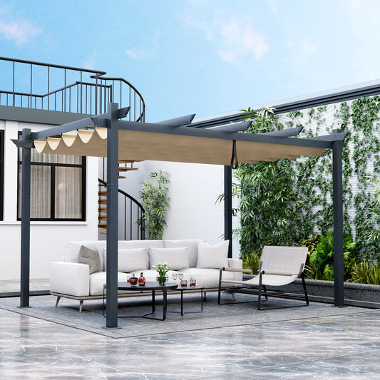 COSTWAY 3 X 4M/3 X 3M Metal Pergola with Retractable Roof, Large Garden Pergola with Sun Shade Canopy, Outdoor Grape Trellis Gazebo for Patio Party BBQ (Beige, 3 X 4M, Normal Type)