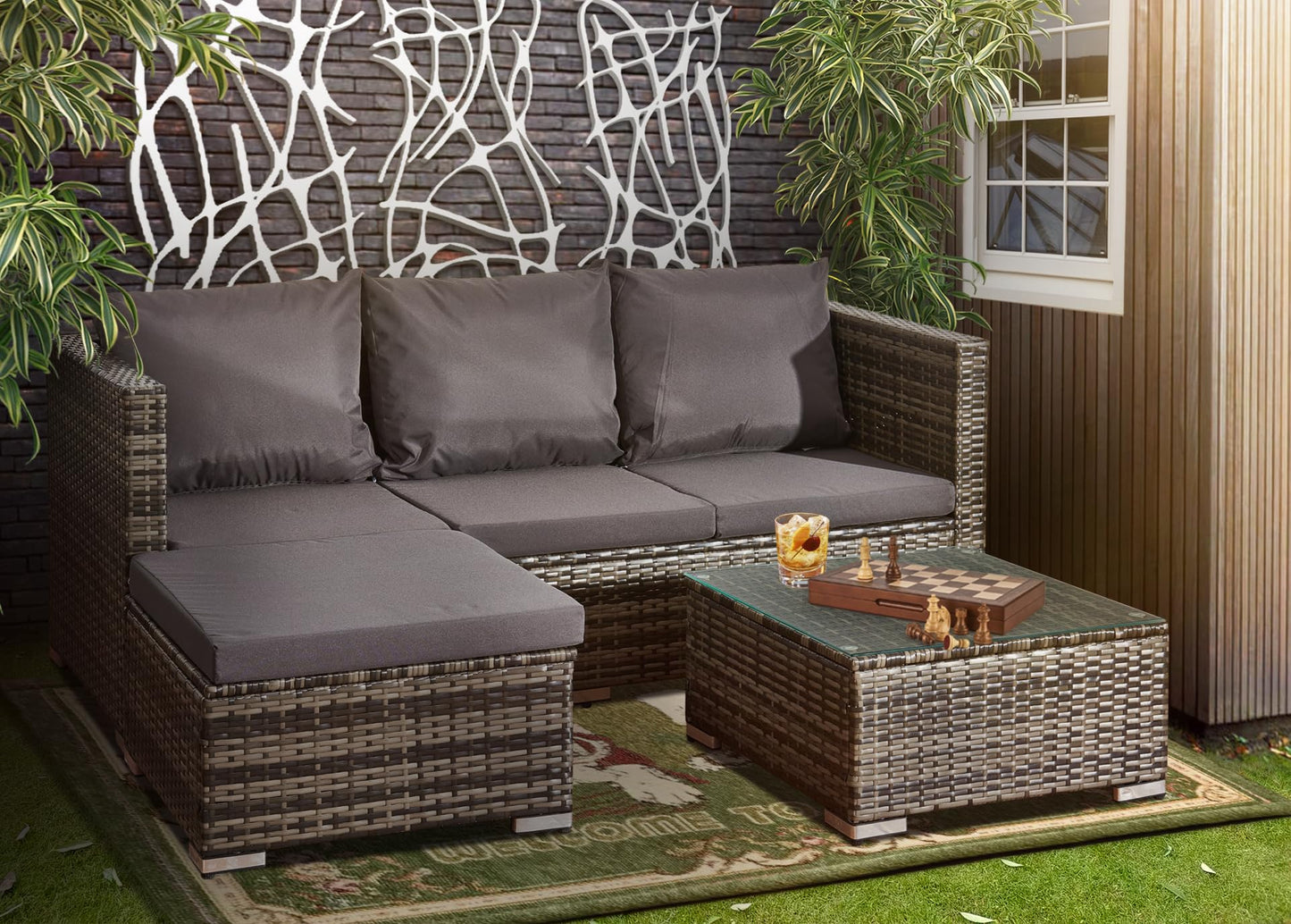 XEO HOME MIX Grey Rattan Garden Furniture Sofa Set 4piece Corner L Shaped Patio 3-Seater with Seating & Backrest Cushions & 1 Ottoman Foot Stool & Coffee Table with Top Glass (4PC L-Shaped Sofa)
